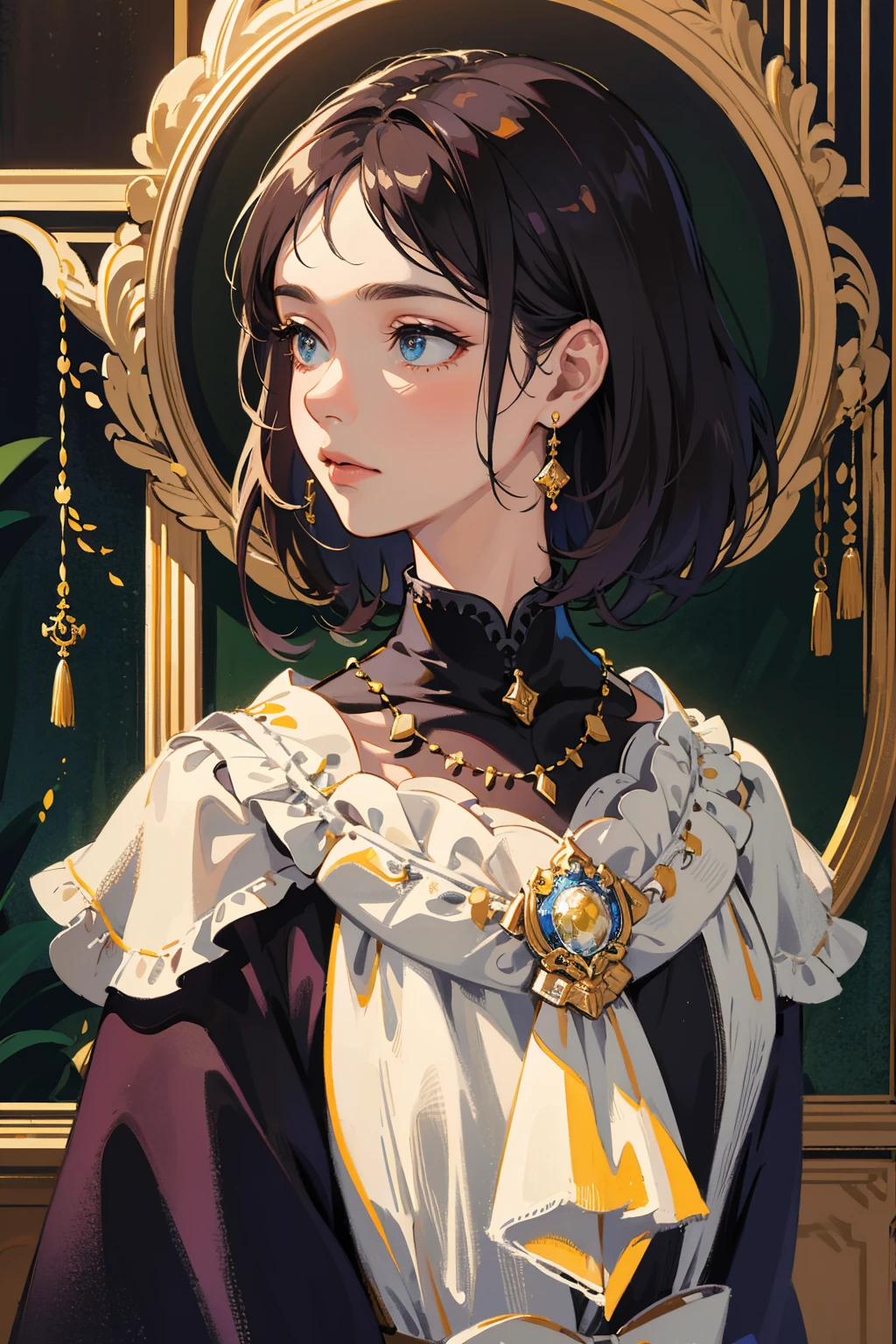 masterpiece, best quality, (((1 adult woman))), ((woman)), beautiful woman, tall woman, medium hair, gentle, gentle eyes, 8k, colorful light, hair ornaments, victorian era clothing, necklace, earrings, creative pose, best light and shadow, colorful, intricate detail, ethereal, Pixiv, Artstation