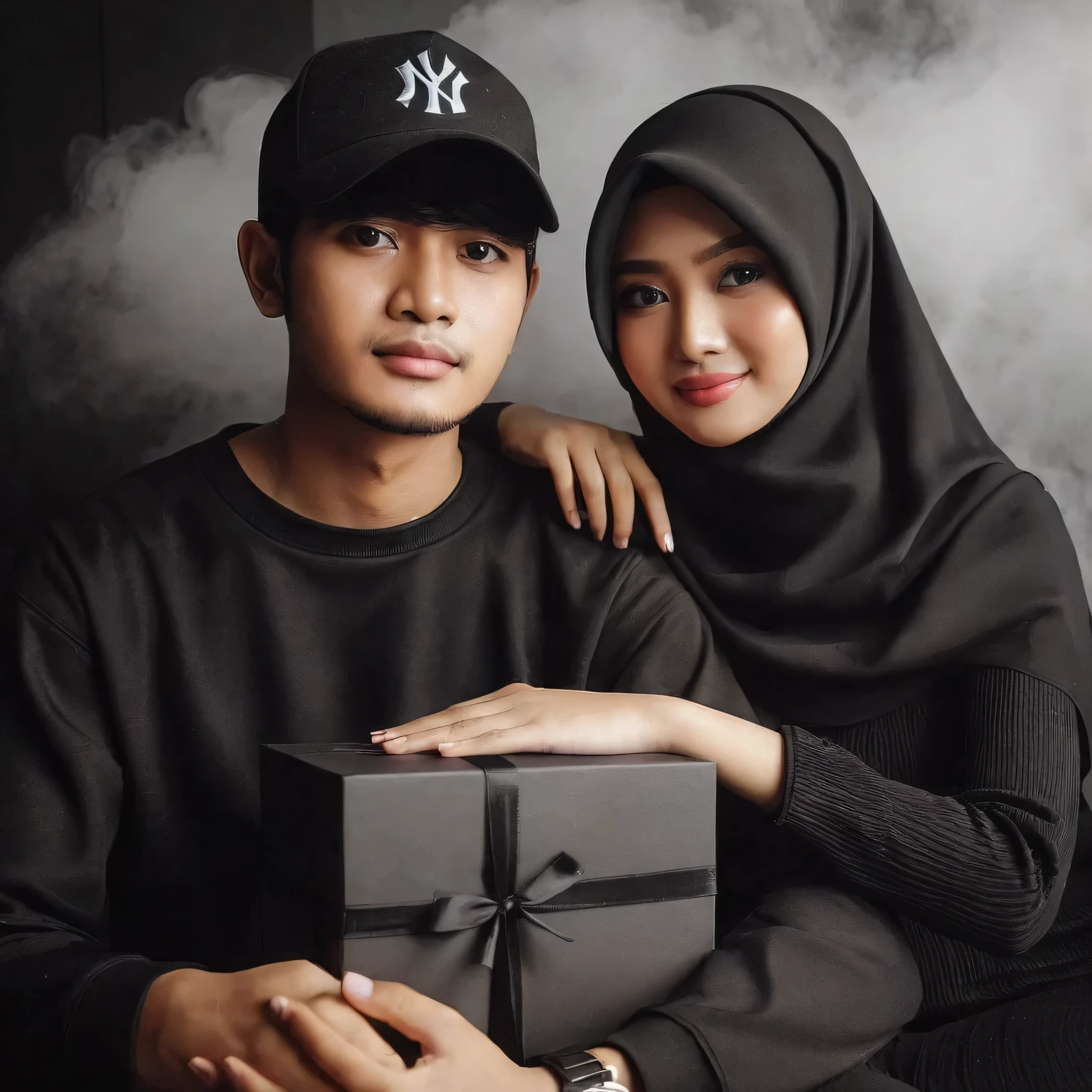 Sepasang suami istri berpose ria didepan kamera dalam
ruangan, suami berusia 25 tahun, memakai topi hitam
berlambang NY , kemeja hitam. lstri berusia 27 tahun,
memakai hijab modern hitam, agak gemuk, kemeja
muslimah kuning, senyum, berlatar hitam bernuansa asap