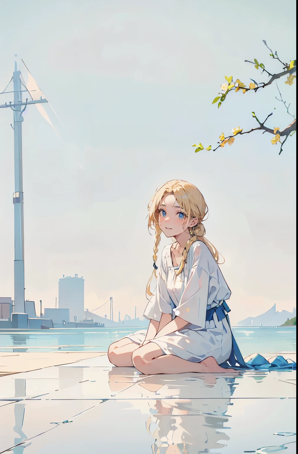 Single Braided Blonde pony tail, parted bangs, forehead, blue eye, gentle smile