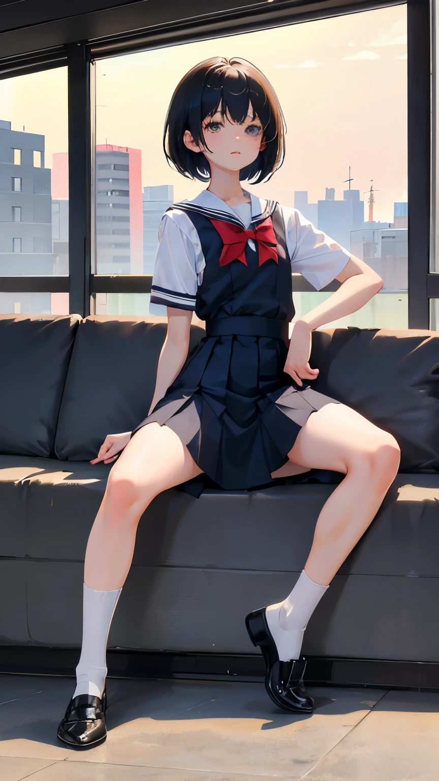 (short cute girl, young studeg delicate girl),(masterpiece,Top quality),squat,,short sleeve,black hair,sleepy