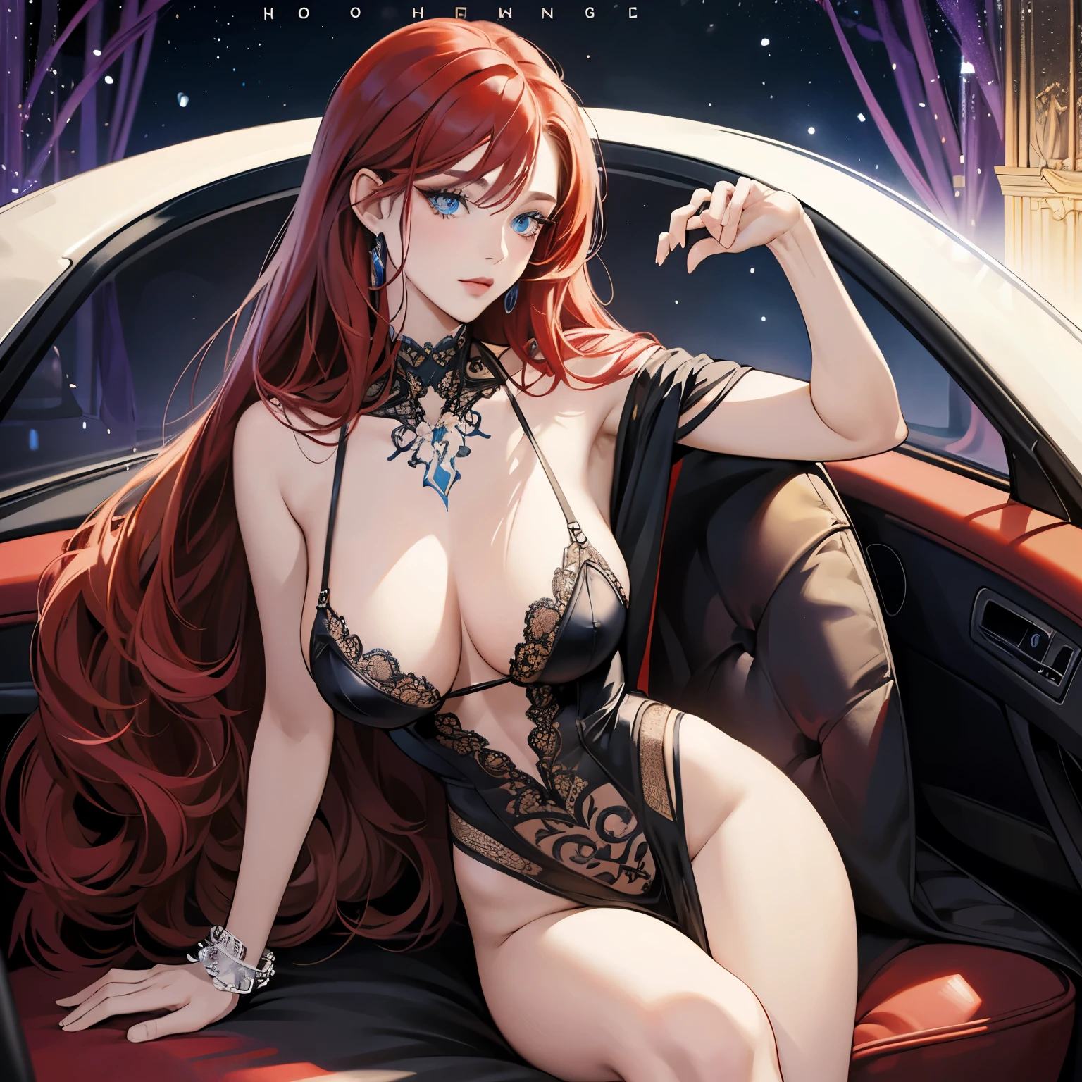 masterpiece,high quality,very detailed,Perfect,convoluted,horridtarot 1920 call girl of the year long red long hair,blue eyes,huge tits, tattooed,Cabaret - Car