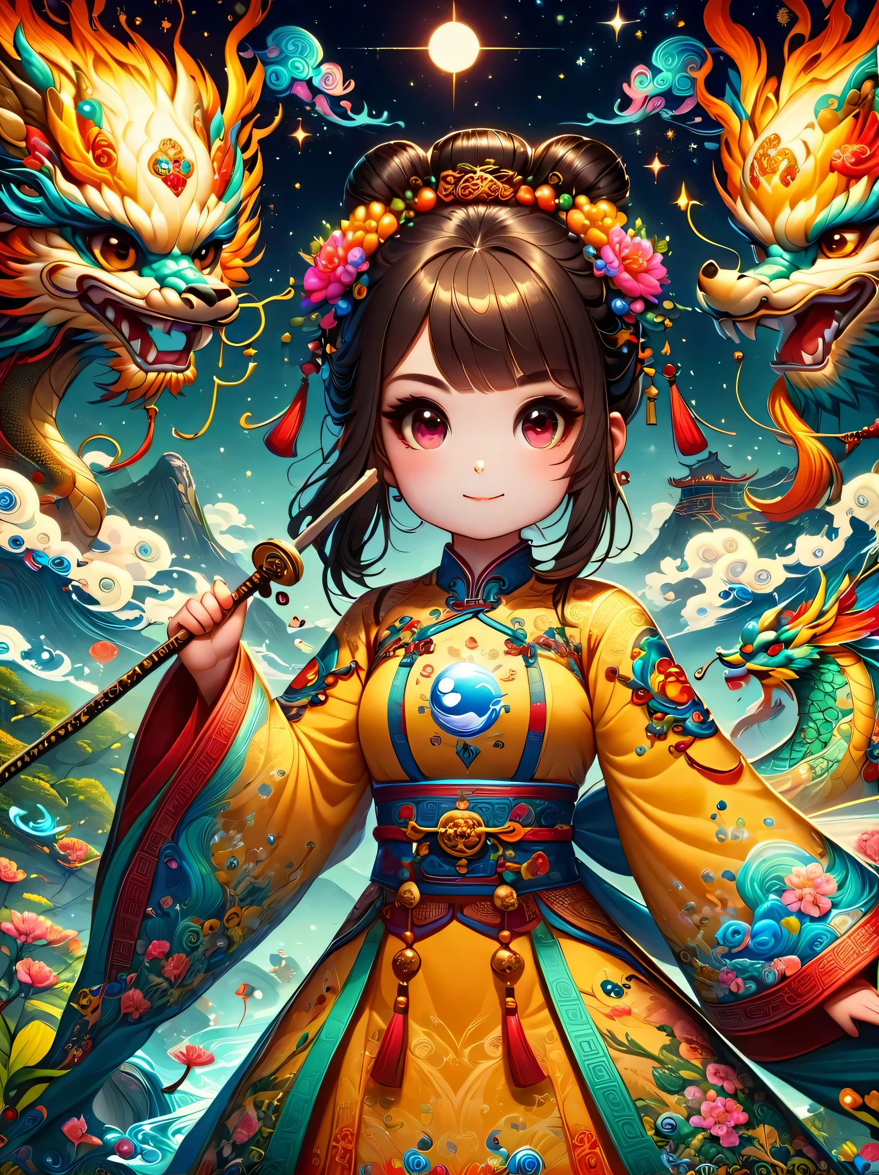 Authentic depiction of a woman in sparkling clothing，Encapsulated in a kawaii aesthetic with liquid light elements，Reflecting the deep connection with the essence of Chinese culture and fairy tales。the work highlights intricate details that might otherwise go unnoticed，Blending traditional Chinese themes with whimsical modern touches。The color scheme is reminiscent of a sun-kissed palette，Full of warmth and vitality。The scene is captured in a realistic photography style，Use mid-range shots，Demonstrate the fusion of traditional and modern creativity。