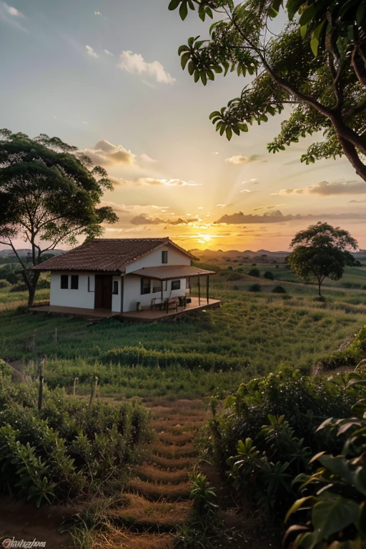 uma casa, no campo, rural, cerrado, Goias, no brasil, por do sol, iluminando o horizonte com seu feixe de luz, melhor qualidade, papel de parede, 8k, paisagem, fotografia, ultradetalhista