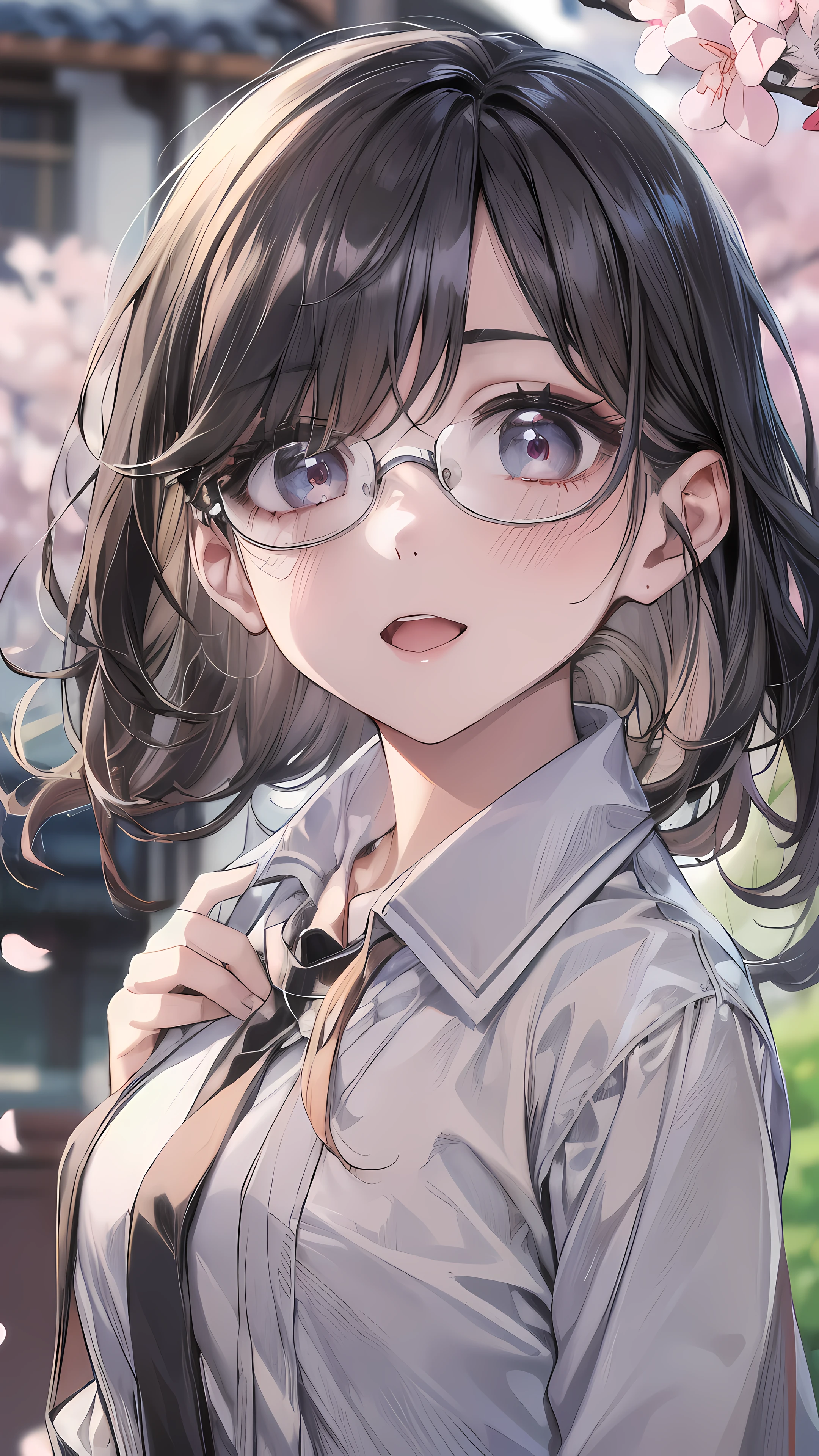 ((best quality:1.5)), ((masterpiece)), (detailed:1.0), (High contrast natural side daylight:0.8, dynamic lighting:0.5, movie lighting:1.0), anime girl, (((whole body))), Cute Japanese girl, (((Turn your back to the camera, looking back))), perfect body structure:1.0, Charming body shape, Smooth and fair skin, (((Black extra long curly hair))), Long hair fluttering in the wind, ((super fine hair:1.5)), ((Shocking hair quality:1.5)), ((Perfect hair:1.0)), long and sexy legs:1.2, (((perfect feet品質:1.0))), (((Perfect handmade quality:1.0))), looks cute, long eye hair, thin eyebrows, big eyes, dark brown pupils, blush slightly, Smile, (Exquisite rimless glasses:1.0),
((symmetrical clothes, uniform:1.0, white collar shirt, Black pleated student skirt,dark stockings, Dark student shoes)), Perfect clothing texture, perfect feet:1.0, (Beautiful scenery), (outdoor breeze), Quiet Japanese city street, spring morning, ((Cherry blossoms)), whole body影像, ((perfect composition)), Prominent theme, (((eye level photography:1.0))), (Detailed depiction of environmental details:1.5), Depth of field control, ((Turn down color saturation:1.2)), (Japanese style photos:0.3),