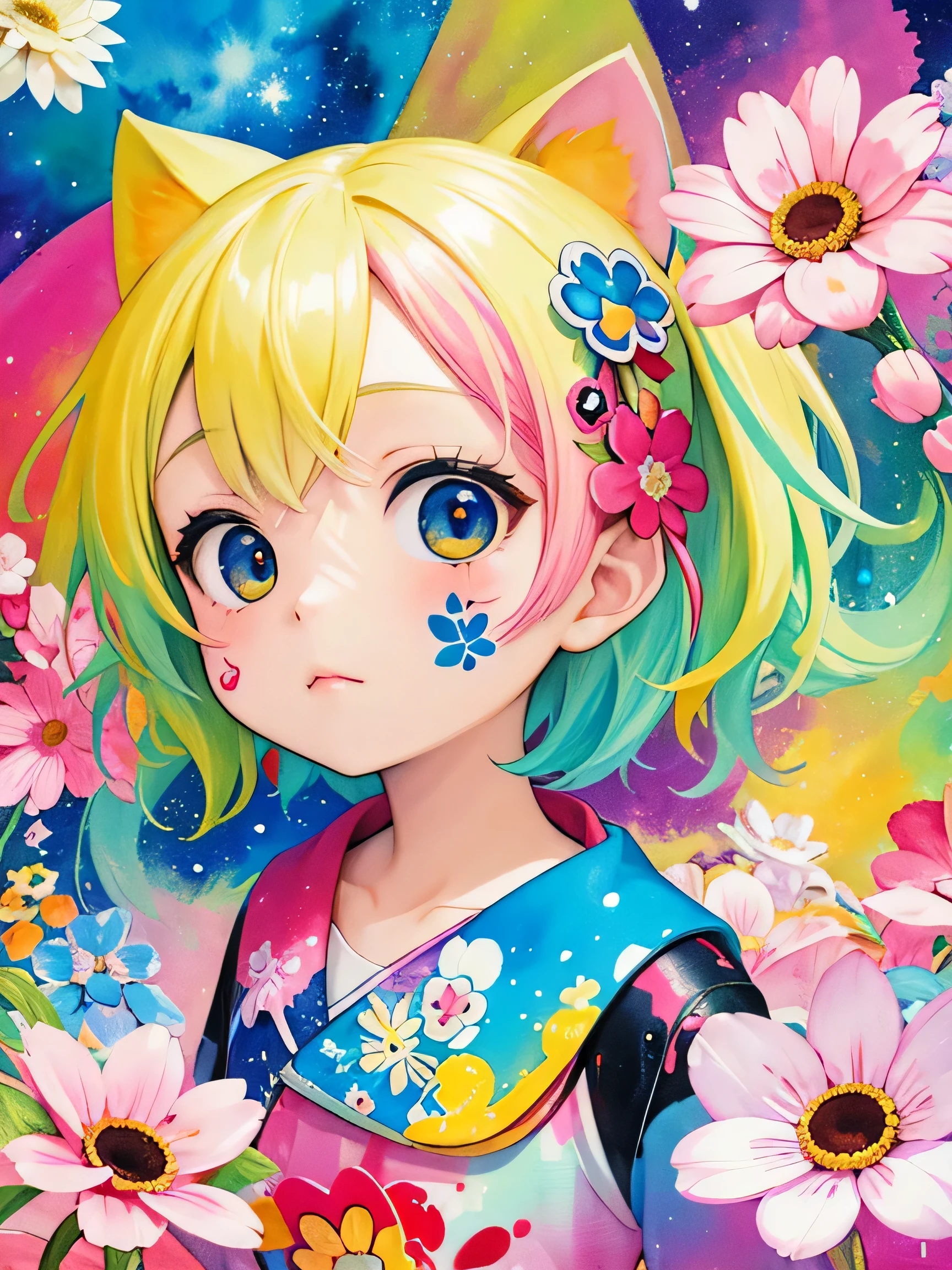 8K quality, Takashi murakami'illustration of, intense watercolor, watercolor detailed art, watercolor splash, surreal, avant-garde pop art, Beautiful and expressive paintings, 美しいアートワークillustration of, very colorful tones, wonderful, cool beauty, highest quality,official art, vector art,stylish design, (((Chibi)))、(((1 cute kitten))), (((highest quality))), HDR, ((Detailed details)), (((graffiti art))), ((masterpiece))、((Super detailed))、(((colorful flowers)))、(((universe)))