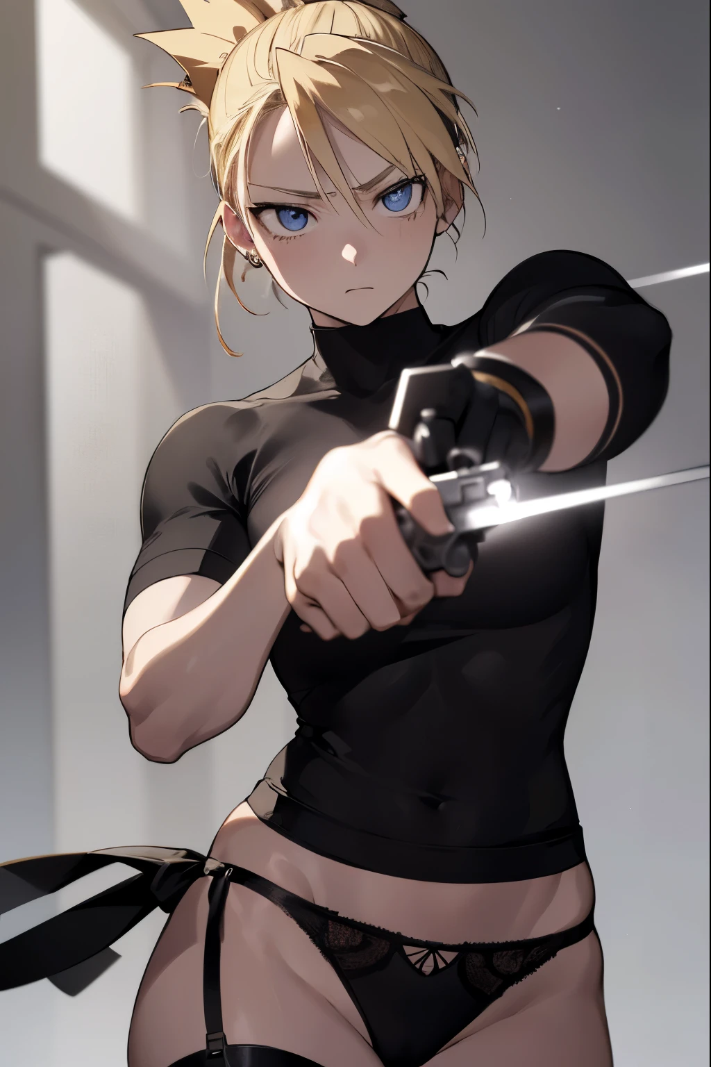 Riza Hawkeye, blonde hair, (black eye:1.5), folded ponytail,hold a gun and take aim,(((scared))),
break shirt, short sleeve, earrings, black shirt, army white lace panties,
break looking at viewer, full body,
break indoors,
break (masterpiece:1.2), highest quality, High resolution, unity 8k wallpaper, (figure:0.8), (detailed and beautiful eyes:1.6), highly detailed face, perfect lighting,detailed skin,white skin,shiny skin,detailed hair,Very detailed CG, (perfect hands, perfect anatomy),