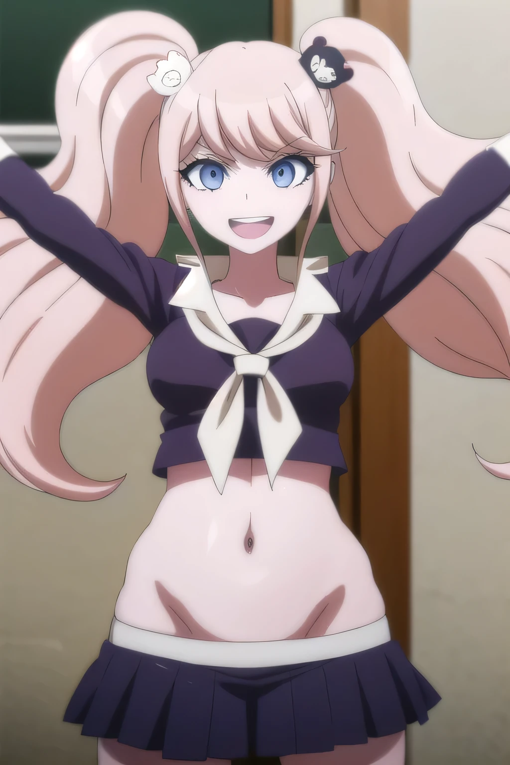 junkoenoshima, junko enoshima, long hair, bangs, blue eyes, pink hair, hair ornament, twintails, bear hair ornament, smile, grin,
masterpiece, best quality, highly detailed, a anime girls in sailor uniforms with a gun posing for a picture,
evil smile, smile, open mouth,black_serafuku, ecchi anime style, anime girls , (nsfw) not safe for work,
ecchi style, ecchi, shipgirls, digital anime art!!, high school girls, in anime style, official artwork, beautiful
anime high school girl, anime style 4 k, micro skirt, exposed belly, exposed navel, exposed midriff,
exposed lower belly,school, classroom, navel piercing