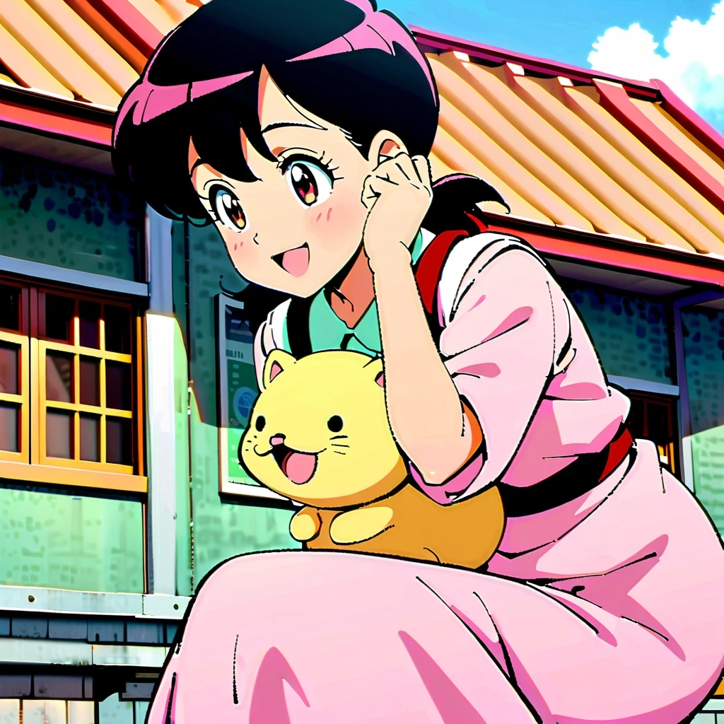 Shizuka Minamoto, Doraemon heroine, and her iconic short black hair, doe&#39;s big eyes, and fair complexion; Wearing a pink dress，Carrying a red backpack; Cover your cheeks with your hands and smile softly, With the nostalgic campus as the background; Shot in retro anime style, Reminiscent of a DVD screen capture from a movie, embrace subtlety, pastel color palette, Exudes a charming and lively atmosphere.