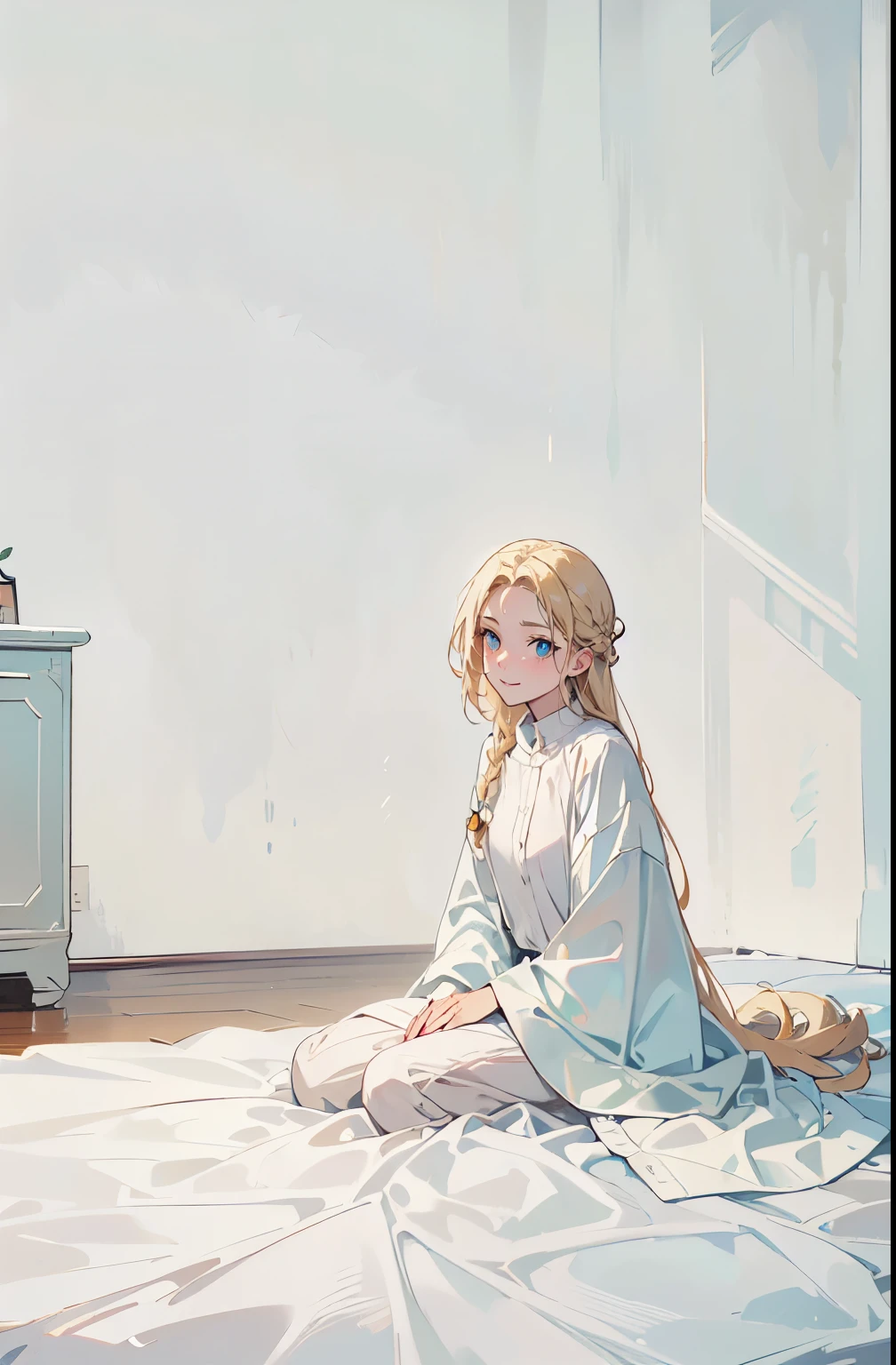 Single Braided Blonde long hair, parted bangs, forehead, blue eye, gentle smile