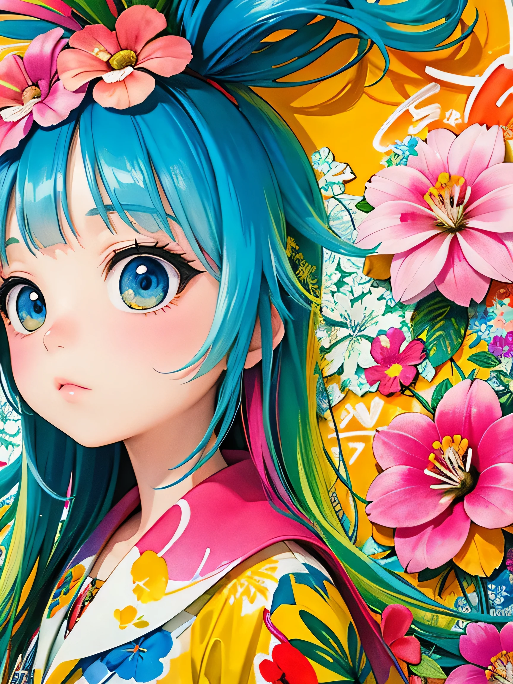 8K quality, Takashi murakami&#39;illustration of, intense watercolor, watercolor detailed art, watercolor splash, surreal, avant-garde pop art, Beautiful and expressive paintings, 美しいアートワークillustration of, very colorful tones, wonderful, cool beauty, highest quality,official art, vector art,stylish design, (((highest quality))), HDR, ((Detailed details)), (((graffiti art))), ((masterpiece))、((Super detailed))、(((colorful flowers)))、(((Hawaii Travel)))
