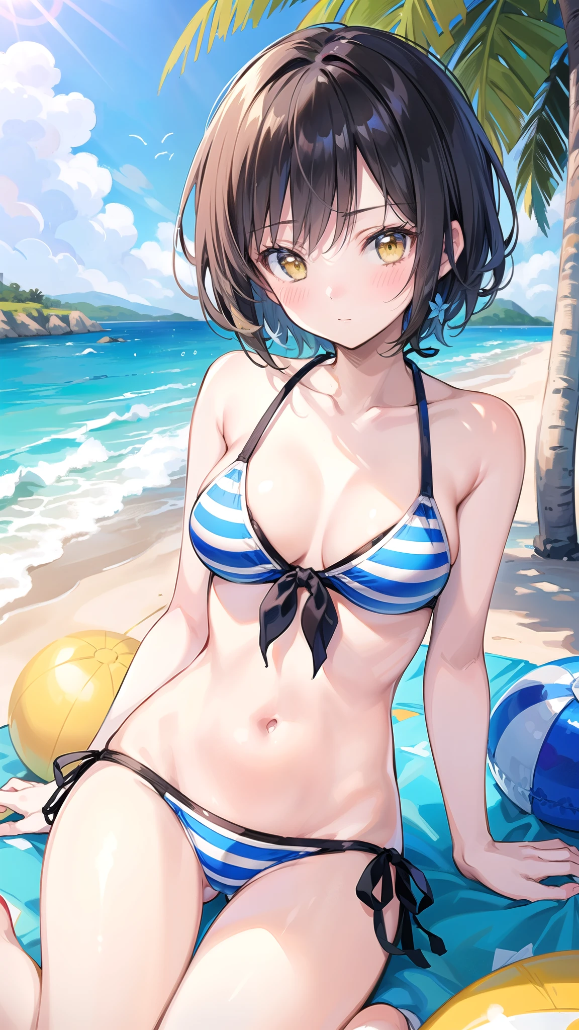 (masterpiece), (highest quality), (Super detailed), (beautiful illustrations), (pretty girl), 1 girl, black hair, short hair, yellow eyes, 16 years old, light blue striped bikini, light blue side tie bikini bottom, embarrassed look, blush, beach, sunny,