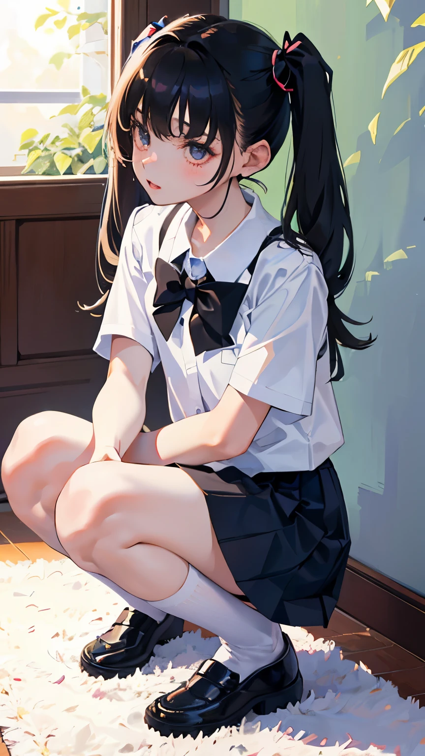(short cute girl, young studeg delicate girl),(masterpiece,Top quality),squat,,short sleeve,black hair twintails,sleepy