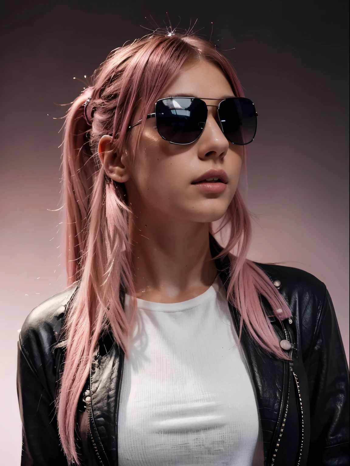 European girl with tint sunglasses Pink hair, in a photo shouting room, attractive lips, stunningly beautiful woman, posing like a professional model, feminine form, stunningly gorgeous, flirty and playful, film photography, extreme detail, 4k, ultra hd hyperrealism, trending on artstation, polished, photorealistic, backlight, hair light, 8k ultra hd. 23 years oldPerfect body , Full body clothed view, Tall ,detailed skin, skin texture), t-shirt white and ((leather jacket)) ,casual , pastel dark  pink very long hair, pink twintail hair , , ((( black  background))), (detailed skin, skin texture) ,Highest-quality , High Detailed photo ,((tint sunglasses))