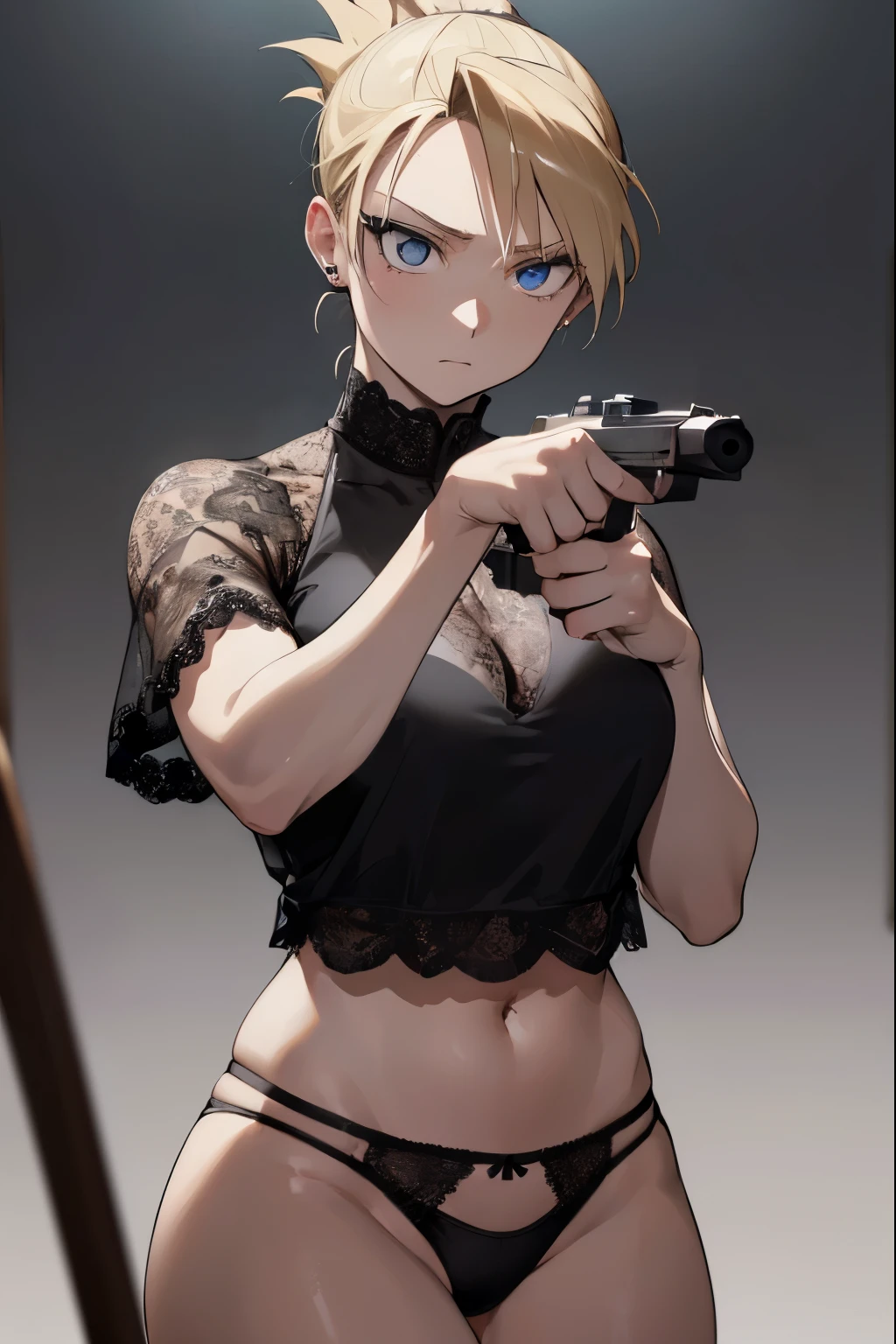 Riza Hawkeye, blonde hair, (black eye:1.5), folded ponytail,hold a gun and take aim,(((scared))),
break shirt, short sleeve, earrings, black shirt, army (((white lace panties))),
break looking at viewer, full body,
break indoors,
break (masterpiece:1.2), highest quality, High resolution, unity 8k wallpaper, (figure:0.8), (detailed and beautiful eyes:1.6), highly detailed face, perfect lighting,detailed skin,white skin,shiny skin,detailed hair,Very detailed CG, (perfect hands, perfect anatomy),