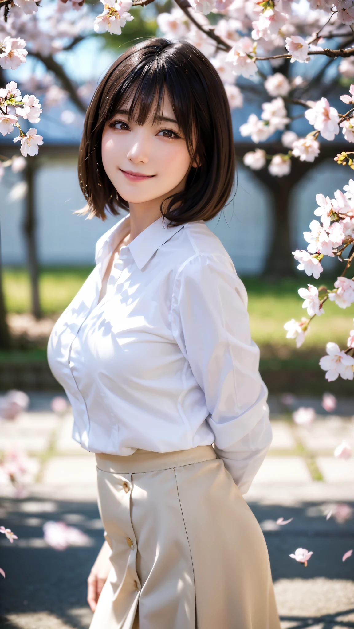 (highest quality,masterpiece:1.3,ultra high resolution),(Super detailed,caustics,8k),(photorealistic:1.4,RAW shooting),1 girl,Are standing,(Cherry blossom petals are dancing),(smile),stare at the camera,25 years old,cute,Japanese,Black Hair Middle Hair,(white blouse),black skirt,glamorous,(big boobs),Cherry blossom trees,sun,Natural light,blue sky,professional writing,(long shot),(Tilt composition),(bust up shot),(low position),(low angle full body shot)