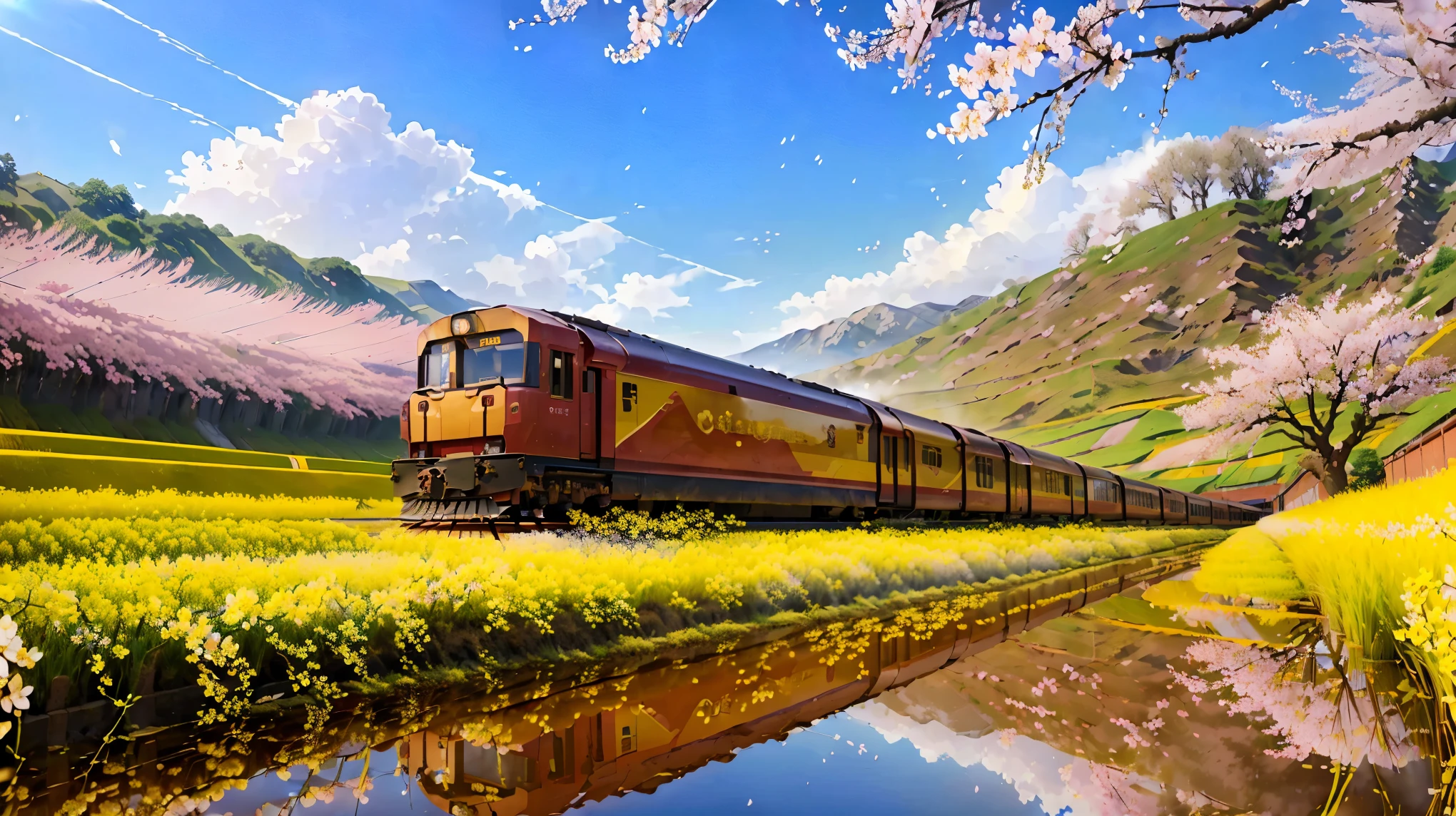 (highest quality, 4K, High resolution, masterpiece: 1.2), (((Railway train running near rape blossoms and cherry blossoms, Landscape reflected in rice fields)))、gentle natural light, The beauty of reflected light、Landscape reflected like a mirror, harmonious, impressive, Bright colors, Warm and inviting color palette, Blades of grass swaying in the breeze, peaceful and calm environment.