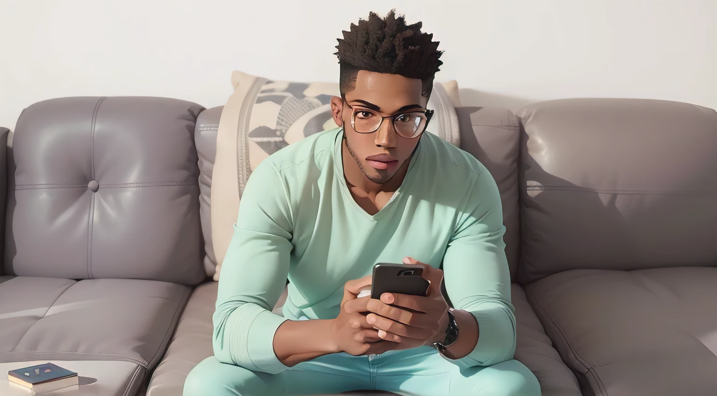 Hombre Joven Afroamericano mirando su telefono , convertir a cartoon estilo pixar disney 3D