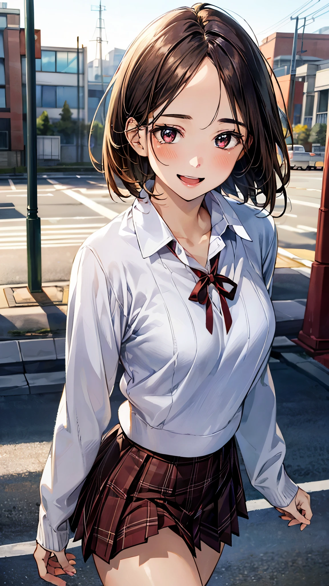 (masterpiece:1.3, top-quality, ultra high res, ultra detailed), (realistic, photorealistic:1.4), beautiful illustration, perfect lighting, natural lighting, colorful, depth of fields,
beautiful detailed hair, beautiful detailed face, beautiful detailed eyes, beautiful clavicle, beautiful body, beautiful chest, beautiful thigh, beautiful legs, beautiful fingers,
looking at viewer, front view:0.6. 1 girl, japanese, high school girl, perfect face, (perfect anatomy, anatomically correct), cute and symmetrical face, babyface, , shiny skin,
(short hair:1.7, high ponitail:1.6, brown hair), ((parted bangs, forehead)), dark brown eyes, slant eyes, long eye lasher, (medium breasts), slender,
((navy long sleeve v-neck sweater, collared white shirt, dark red plaid pleated skirt, dark red neck ribbon)), navy school socks, ,
(beautiful scenery), evening, (cityscape), walking, (happy smile, open mouth),