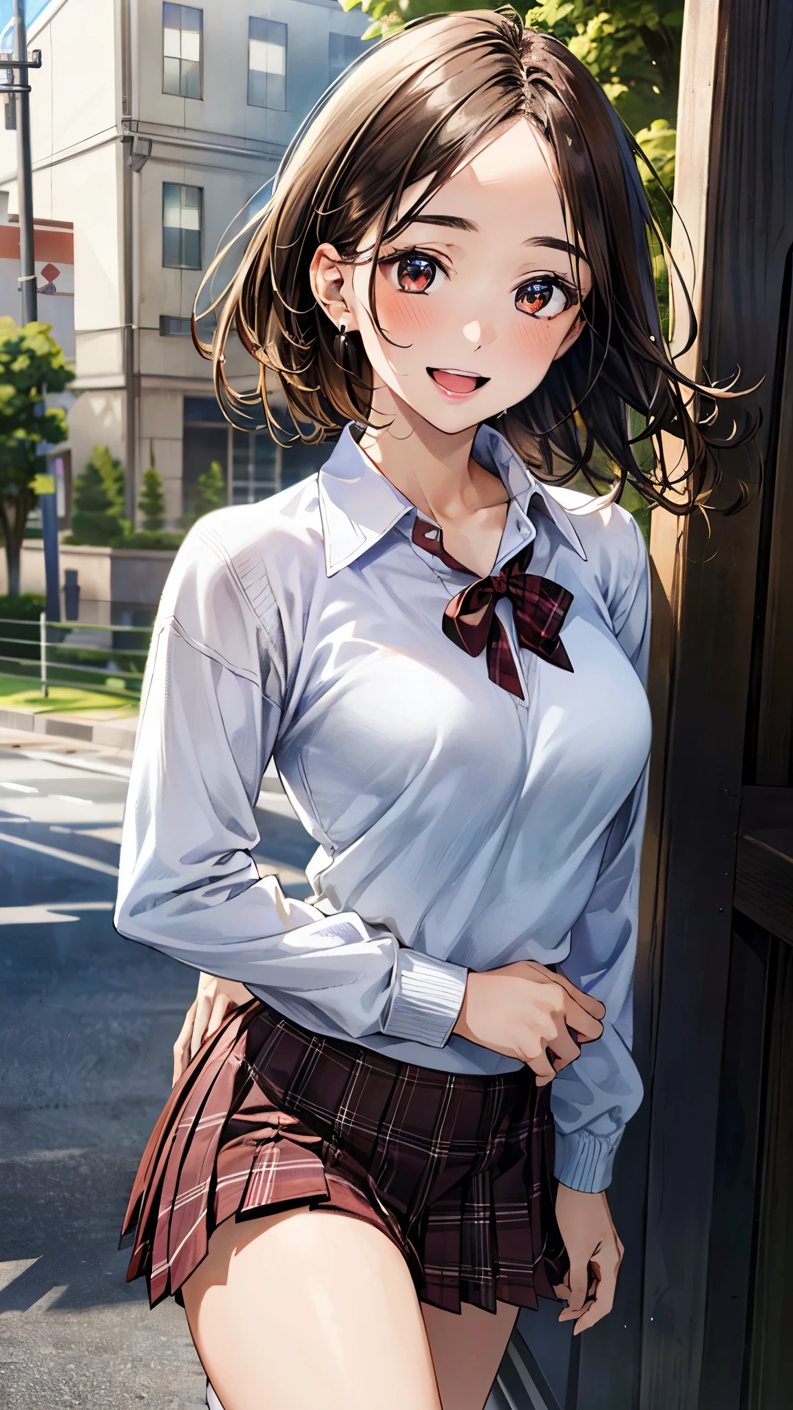 (masterpiece:1.3, top-quality, ultra high res, ultra detailed), (realistic, photorealistic:1.4), beautiful illustration, perfect lighting, natural lighting, colorful, depth of fields,
beautiful detailed hair, beautiful detailed face, beautiful detailed eyes, beautiful clavicle, beautiful body, beautiful chest, beautiful thigh, beautiful legs, beautiful fingers,
looking at viewer, front view:0.6. 1 girl, japanese, high school girl, perfect face, (perfect anatomy, anatomically correct), cute and symmetrical face, babyface, , shiny skin,
(short hair:1.7, high ponitail:1.6, brown hair), ((parted bangs, forehead)), dark brown eyes, slant eyes, long eye lasher, (medium breasts), slender,
((navy long sleeve v-neck sweater, collared white shirt, dark red plaid pleated skirt, dark red neck ribbon)), navy school socks, ,
(beautiful scenery), evening, (cityscape), walking, (happy smile, open mouth),