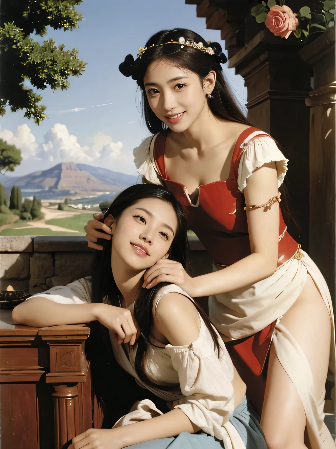Giorgione painting style,Arguments of two female Philosophe,math、astronomical machine、astronaut、roses in vase、fruits、Cute trinkets、smile、ancient greek costume、Ancient Roman landscape in the style of Nicolas Poussin,laughter,,Sweet and seductive appearance.、Caravaggio's paintings、Chiaroscuro of Caravaggio、hair tousled by the wind,Two women frolicking,cute smile, expression of ecstasy,Sexy,erotic
