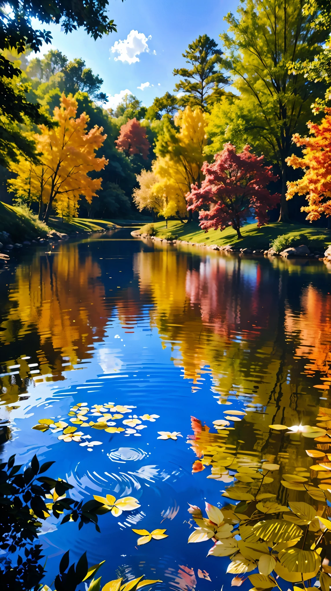 water, reflection, serene, peaceful, nature, trees, colors, detailed textures, vibrant, calm, sunlight, harmony, picturesque, realistic, vivid colors