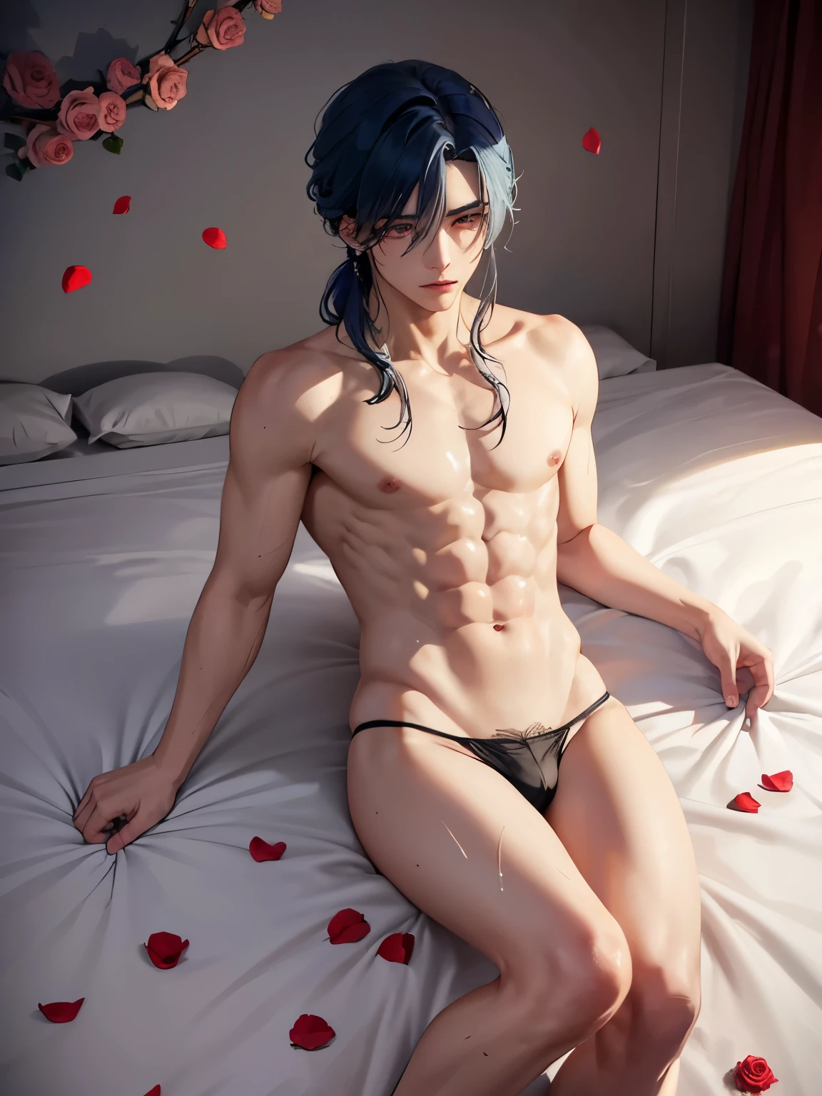 anime boy lying on the bed with rose petals, wet body, bed, without any clothing except underwear, high quality fanart, hot expression, Beast, at pixiv, official fanart, pixiv, detailed fanart, relaxing, levi ackerman, in in the bedroom, relaxing environment, relaxing mood, by Shingei, anime asthetic, relaxing concept art, wet anime boy, with rose petals on the bed, beautiful atmosphere, hot anime boy, cute, beautiful body art, hot pose, beautiful, pretty face, cute pretty face, big cute eyes, beautiful expression, hot pose