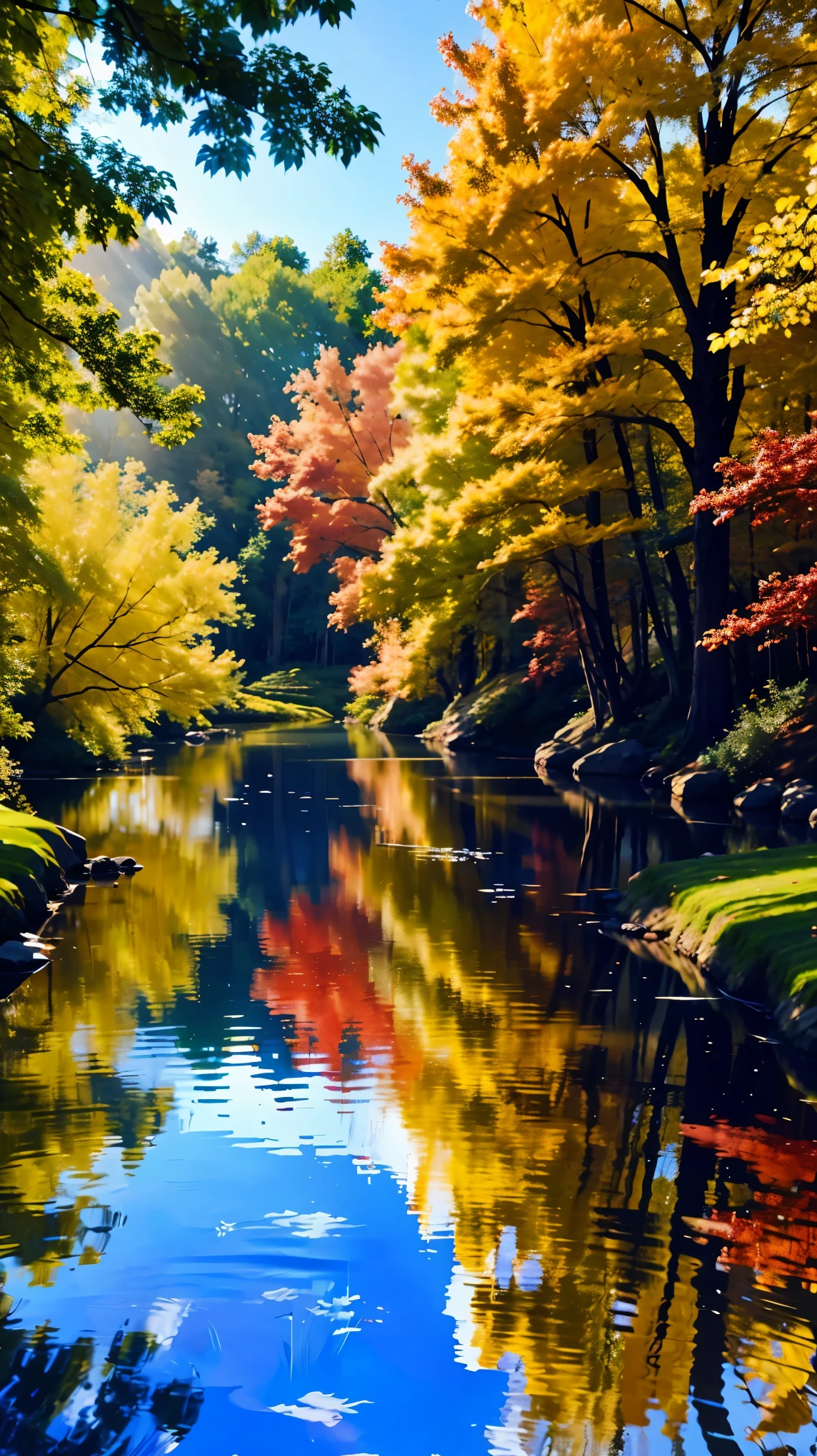 water, reflection, serene, peaceful, nature, trees, colors, detailed textures, vibrant, calm, sunlight, harmony, picturesque, realistic, vivid colors