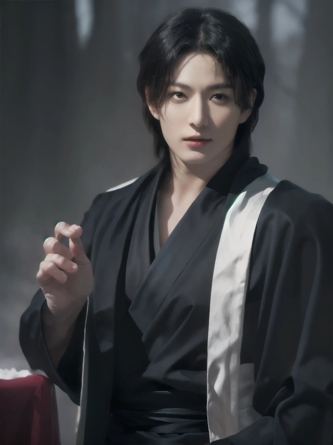 1man, smirk, in the frost forest, solo focus, adult, pale and young adult face, short black hair, black silk robe with golden lining, palace, realistic, dynamic pose realistic, detailed and correct facial structure, dark atmosphere, blades ornaments, LEON S. KENNEDY, handsome, attractive, slightly muscular, cinematic lighting, unreal engine, trending on ArtStation, intricate details,  masterpiece, best quality, by Irakli Nadar, Greg Rutkowski，(((best quality))),(((ultra detailed))),(((masterpiece)))