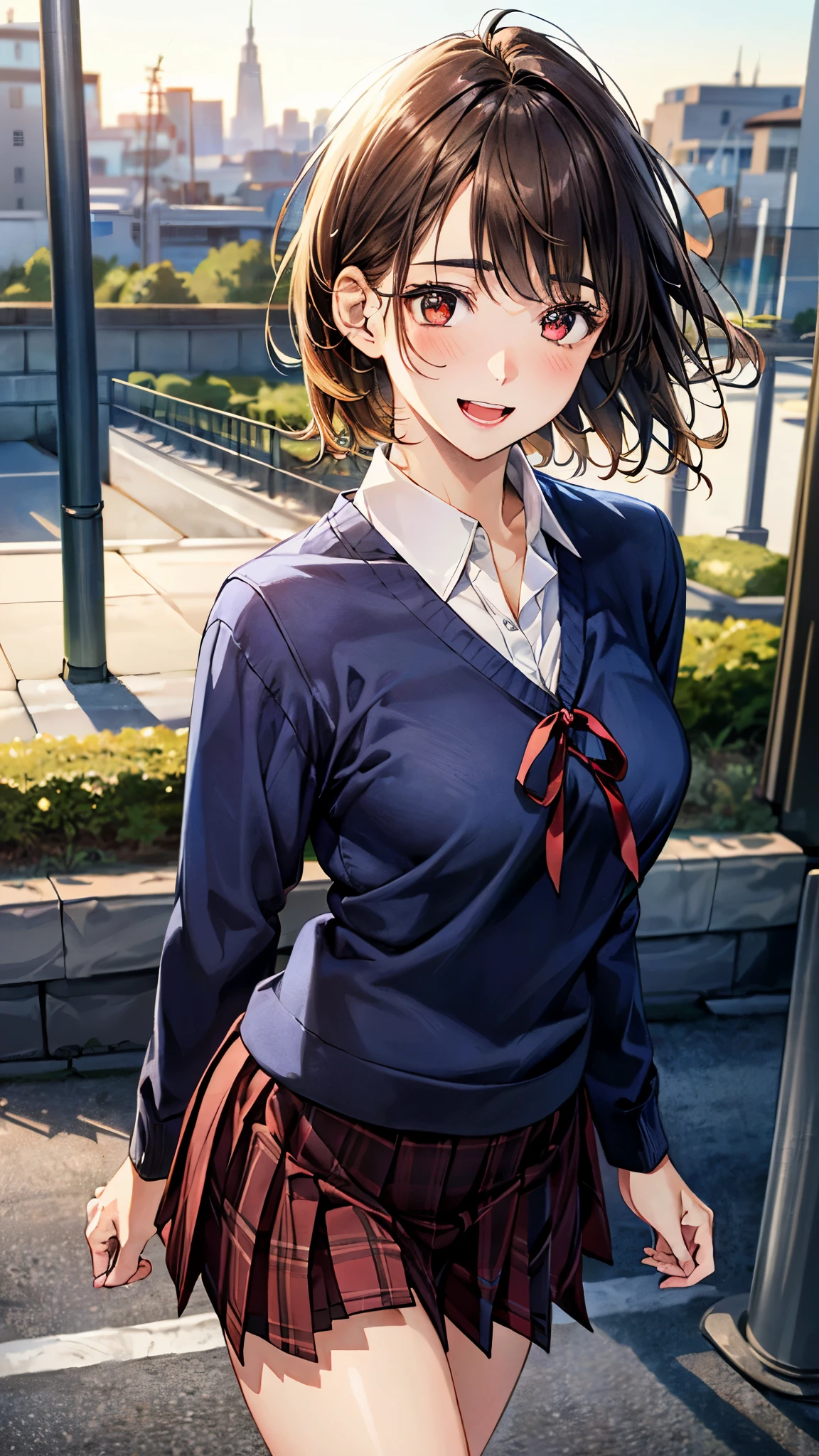 (masterpiece:1.3, top-quality, ultra high res, ultra detailed), (realistic, photorealistic:1.4), beautiful illustration, perfect lighting, natural lighting, colorful, depth of fields,
beautiful detailed hair, beautiful detailed face, beautiful detailed eyes, beautiful clavicle, beautiful body, beautiful chest, beautiful thigh, beautiful legs, beautiful fingers,
looking at viewer, front view:0.6. 1 girl, japanese, high school girl, perfect face, (perfect anatomy, anatomically correct), cute and symmetrical face, babyface, , shiny skin,
(short hair:1.7, high ponitail:1.6, brown hair), , dark brown eyes, slant eyes, long eye lasher, (medium breasts), slender,
((((navy)) long sleeve v-neck sweater, collared white shirt, dark red plaid pleated skirt, dark red neck ribbon)), navy school socks, ,
(beautiful scenery), evening, (cityscape), walking, (happy smile, open mouth),