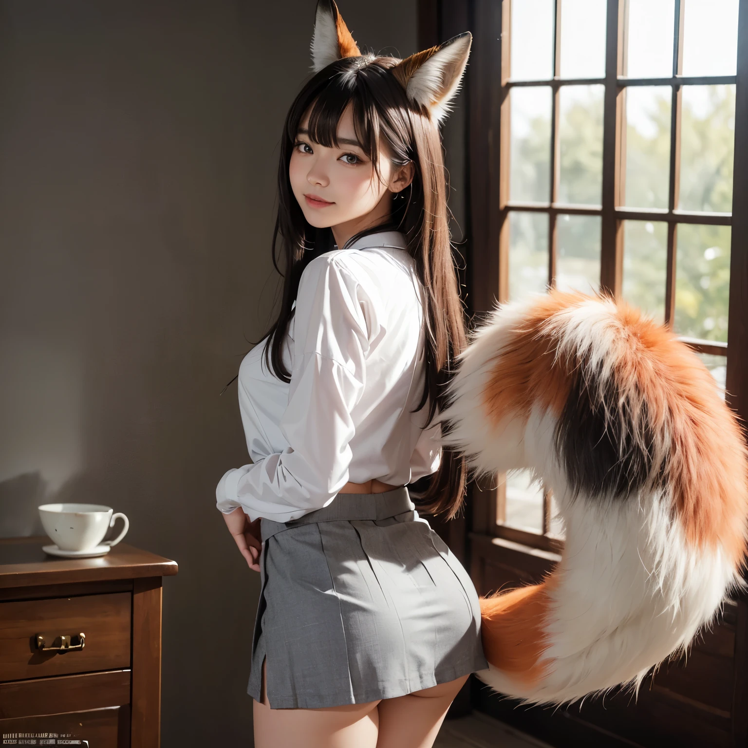 Girl with a furry tail , Fox tail, tail, collared shirt,table top, 最high quality, figure, Ultra-detailed, finedetail, High resolution, 8k wallpaper, 完璧なダイナミックな構figure, Beautiful detailed eyes,Full body shot，Show me your whole body、thin and transparent、long gray hair, ,smile,Harajuku、18 year old girl、eyeliner、beautiful bangs、hair between eyes、最high quality、ultra-detailliert、film light、intricate-detail、High resolution、ighly detailed))、detailed background、8KUHD、Digital single-lens reflex camera、soft light、high quality、film grain、Fujifilm XT3 、shallow depth of field、natural soft light、Kamimei、I looked at my knees., sexy shot looking at camera、on the leg、Full body shot facing the camera、look back、(The fox&#39;s tail pushes up the hem of the skirt and stands tall.:1.9)、(The tail grows from the butt and sticks out from inside the skirt.:1.9)、(the tail is attached to her butt:1.9), (She has a fox tail on her butt.:1.9), The skirt bulges out at the tail., the tail extends into the skirt