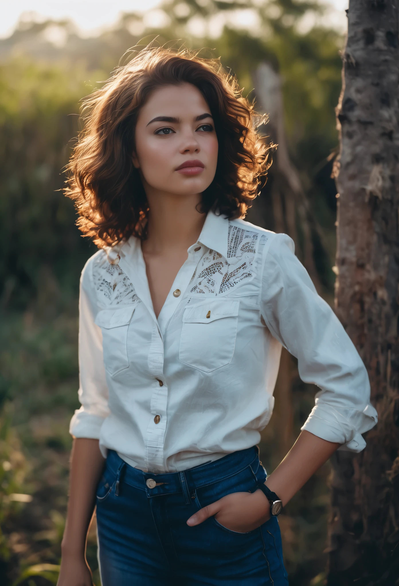 (obra de arte, Melhor qualidade:1.4), ultra-detalhado, Luz suave, natural lighting, cinematic light, Film grain, (profundidade de campo), (1 mulher, Sozinho:1.4), Mulher madura, forma feminina perfeita, (rosto perfeito, rosto detalhado, shiny lips, delineador), cabelo curto, loiro, (seios naturais), (camisa branca desabotoada, jeans, decote), (mixtape:1.4), (music store, discos, vinil, radio, amplificadores, caixas de som, fones de ouvido), (standing),