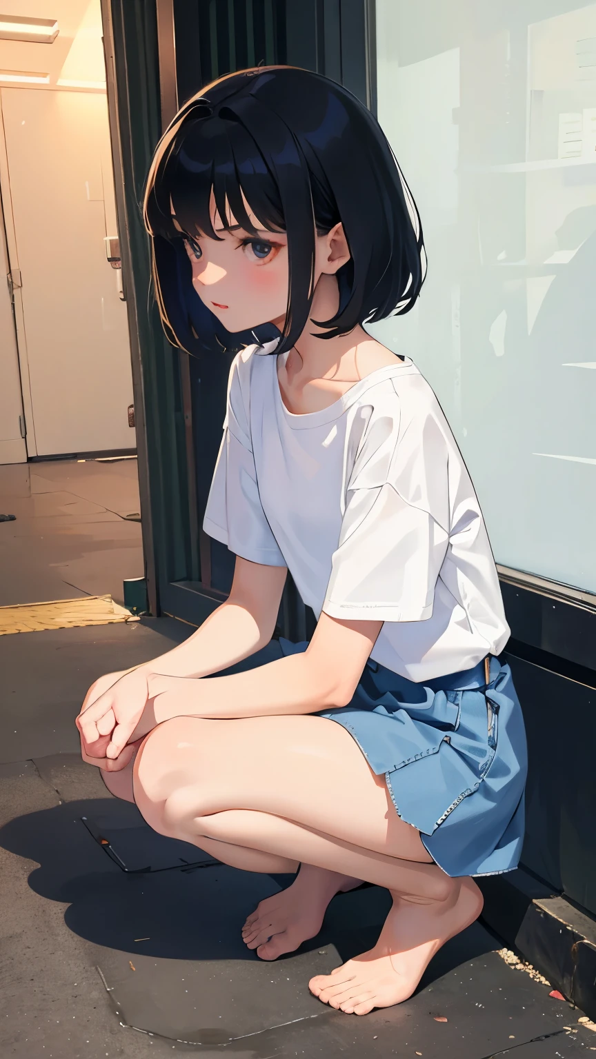 (short cute girl,small young student,young delicate girl),(masterpiece,Top quality),squat,,short sleeve,black hair,sleepy