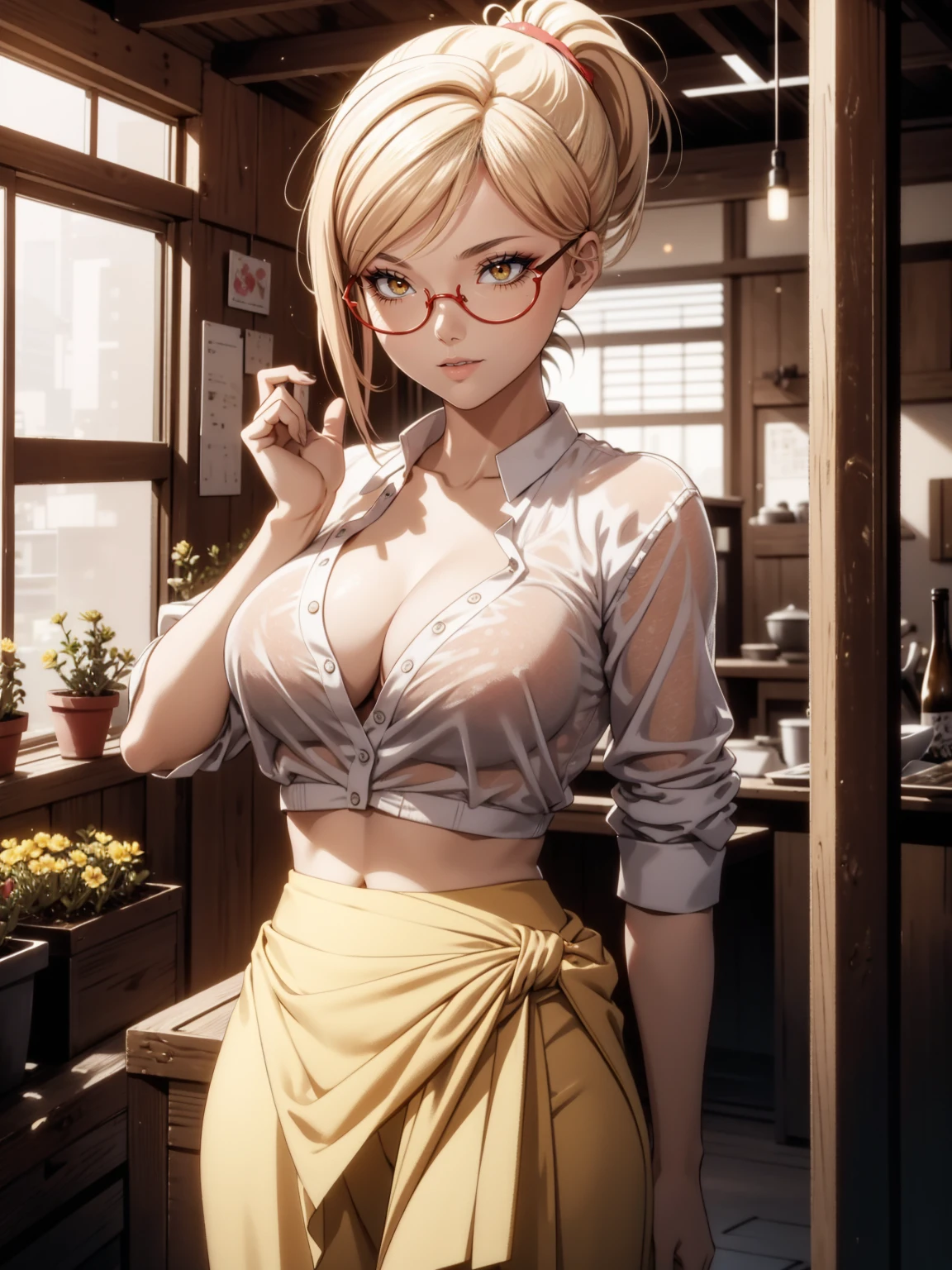 Akiyama_K, ponytail,blonde hair,red glasses, yellow eye,1Best quaity masterpiece, 8K, the most beautiful farmer girl in the world, smiling seductively, hands holding skirt up, white see through pantys 1,6, breasts out of braless top, beautiful high detailed dreamgarden, nsfw 8K