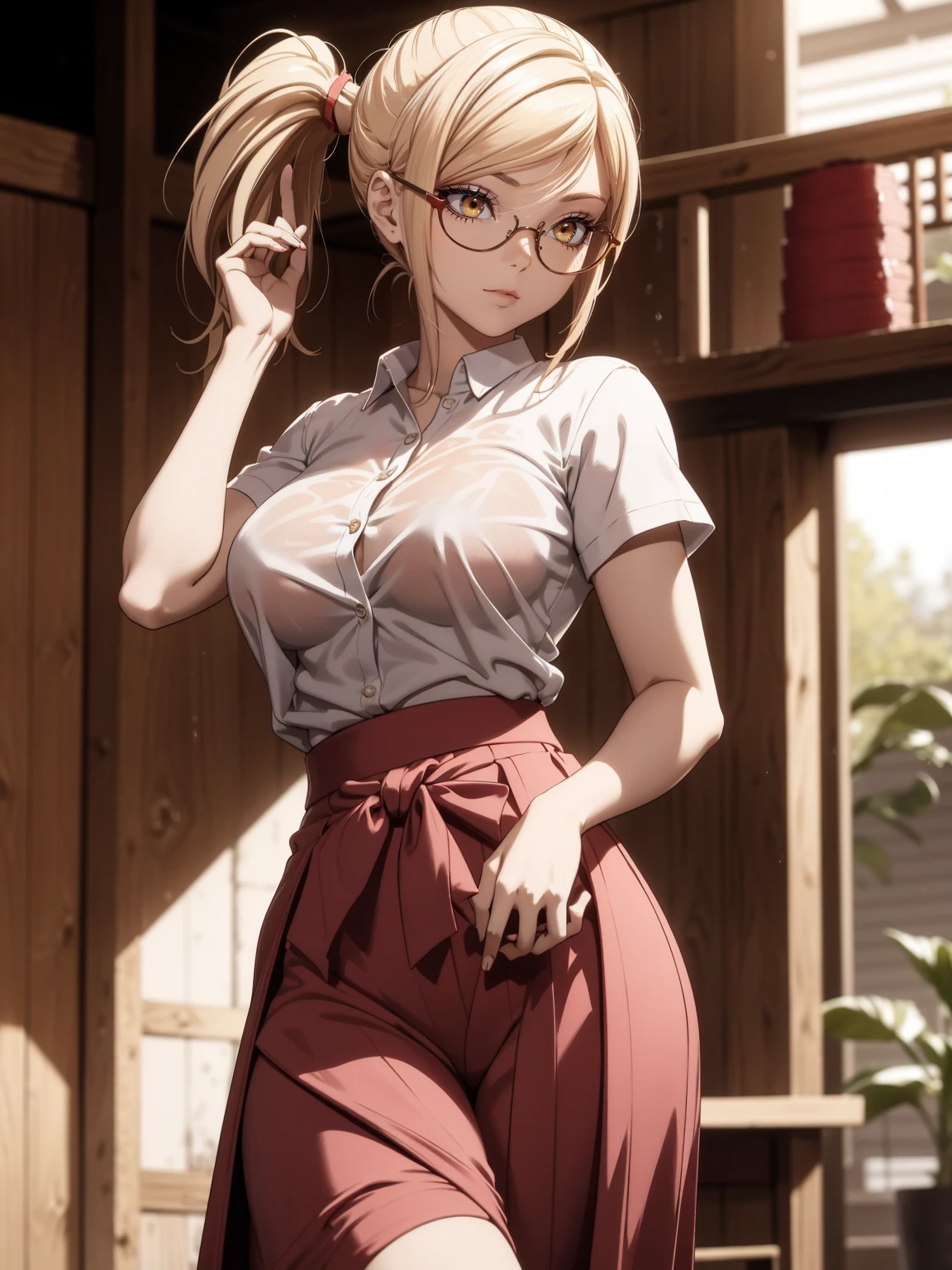 Akiyama_K, ponytail,blonde hair,red glasses, yellow eye,1Best quaity masterpiece, 8K, the most beautiful farmer girl in the world, smiling seductively, hands holding skirt up, white see through pantys 1,6, breasts out of braless top, beautiful high detailed dreamgarden, nsfw 8K