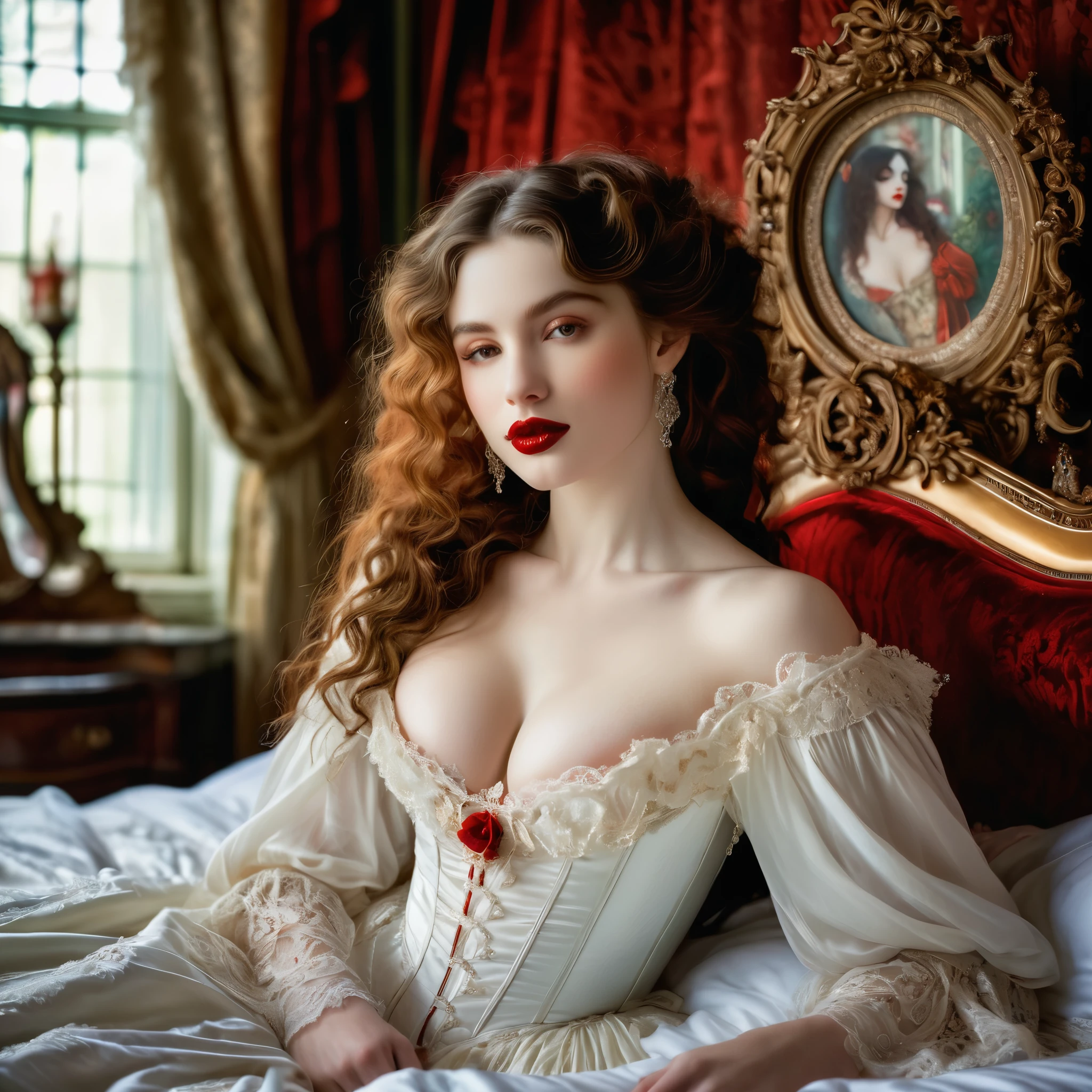 A seductive temptress with porcelain skin and blood-red lips, framed by the opulent trappings of a Victorian parlor. Inspired by Pre-Raphaelite art, her form is ethereal and romantic, with flowing locks and delicate features that evoke the beauty of a bygone era. realistic skin texture, smiling, large breast, laying on a bed in a Victorian bedroom