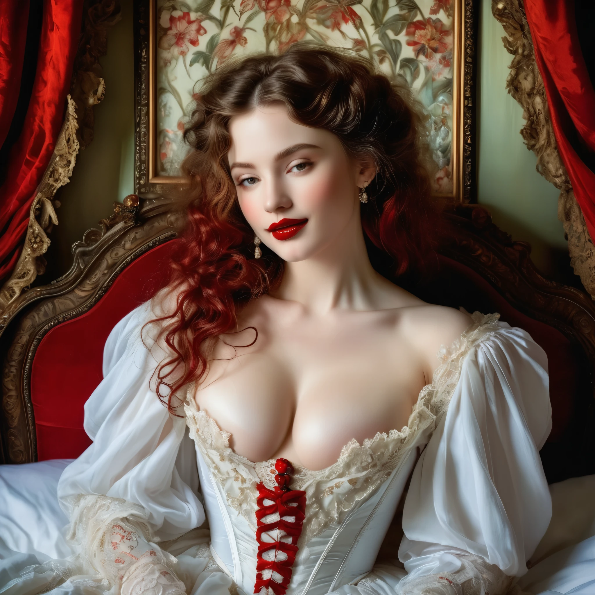 A seductive temptress with porcelain skin and blood-red lips, framed by the opulent trappings of a Victorian parlor. Inspired by Pre-Raphaelite art, her form is ethereal and romantic, with flowing locks and delicate features that evoke the beauty of a bygone era. realistic skin texture, smiling, large breast, laying on a bed in a Victorian bedroom