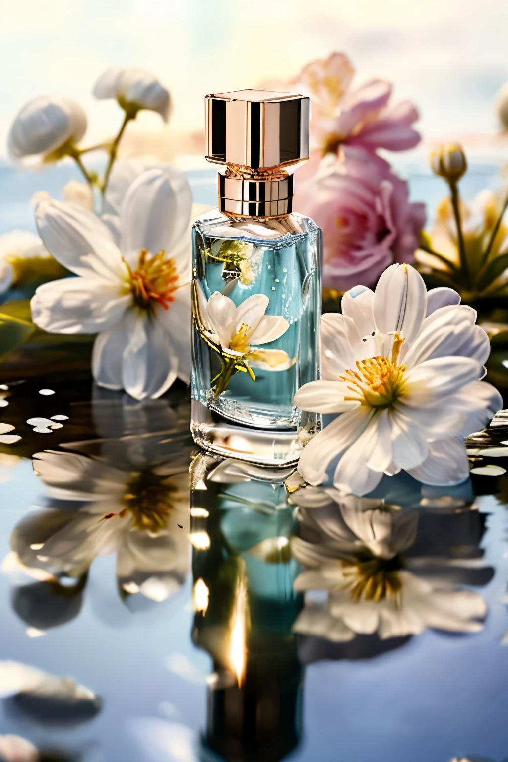 masterpiece, photo realistic, high quality design, Perfume bottle, water drop, flowers blossom, 8k quality, fantasy, beautiful, moon light, 