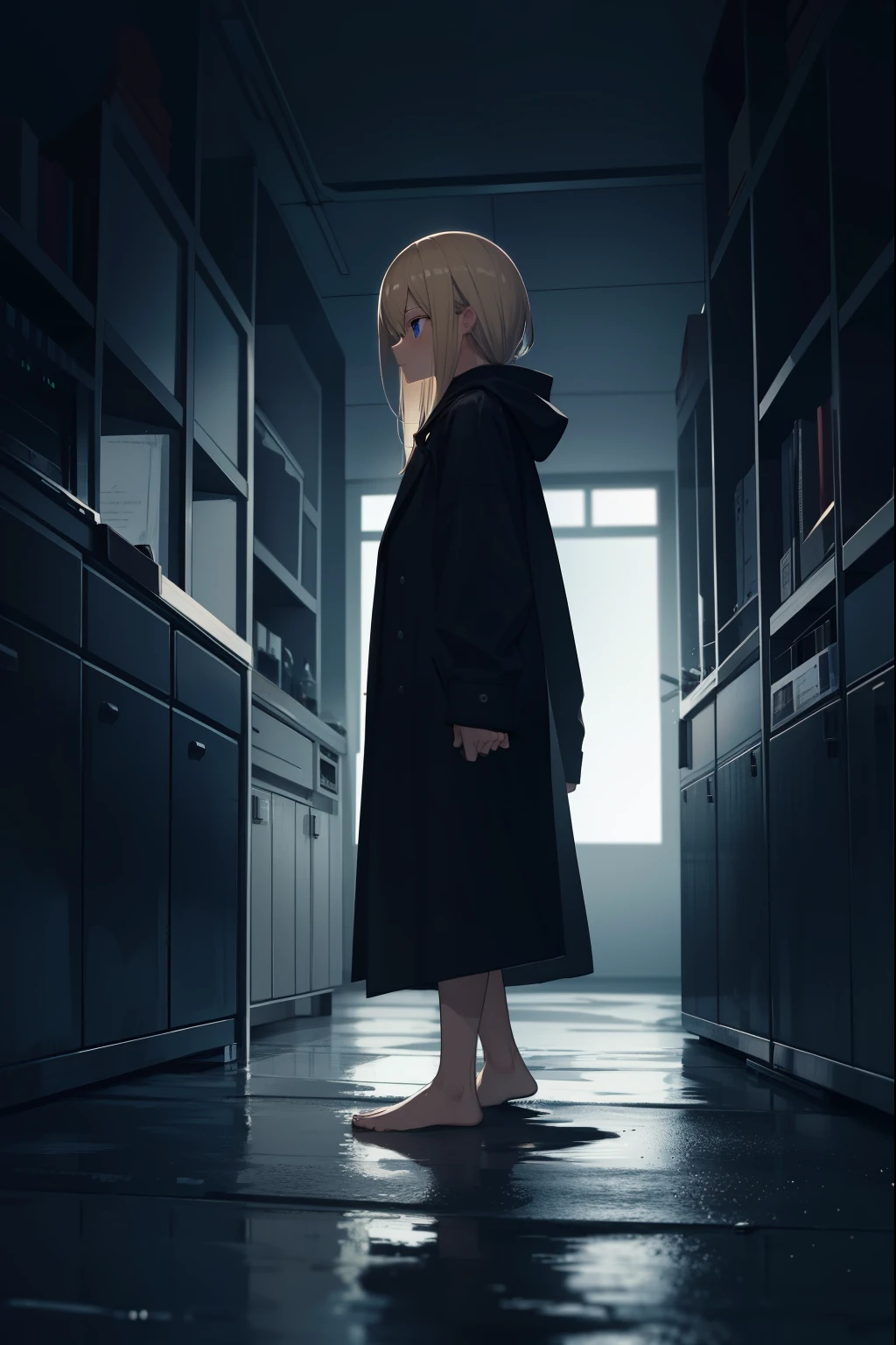 dark laboratory,night,In the distance there is a barefoot blonde girl wearing a black raincoat.,