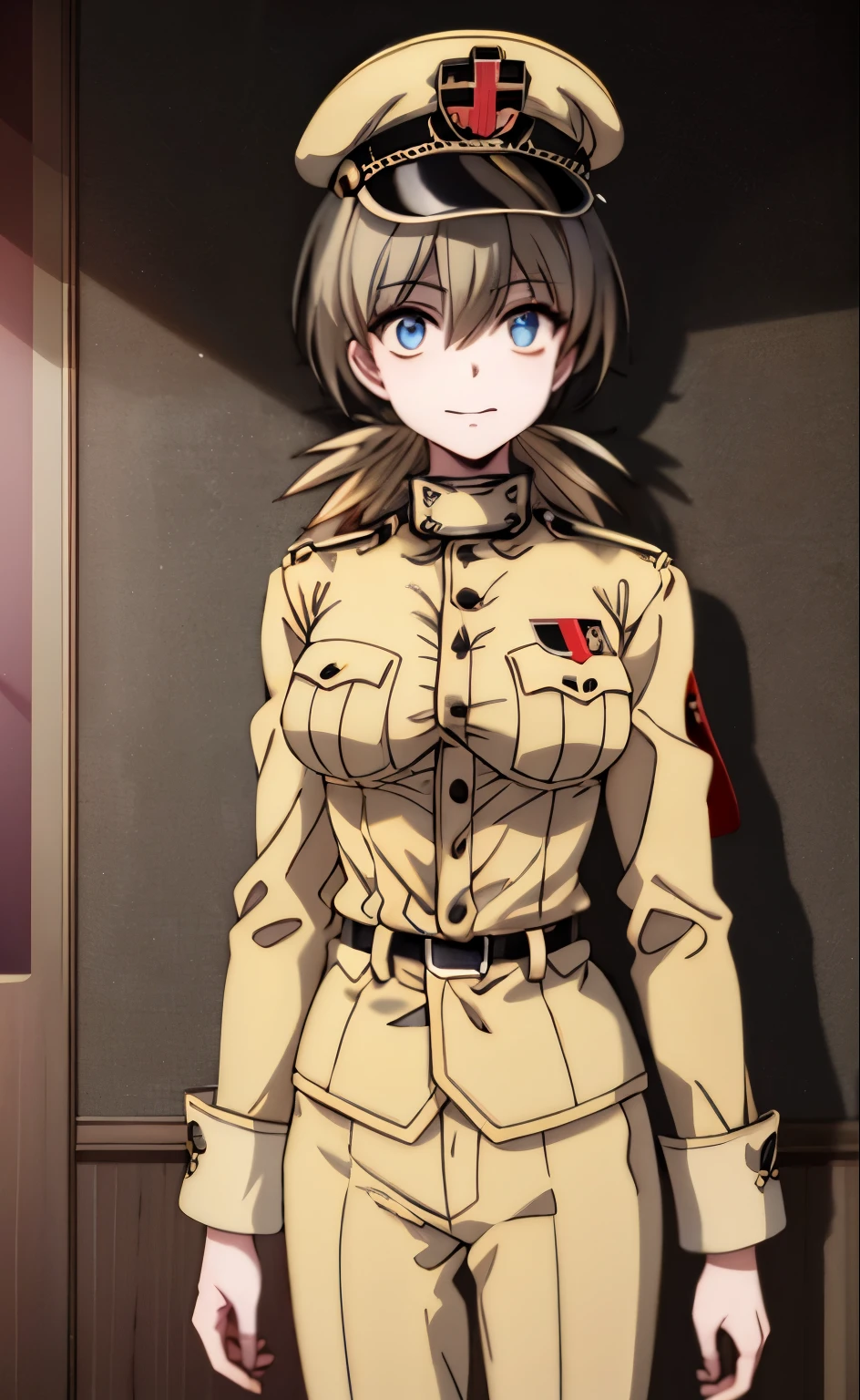 (masterpiece, best quality: 1.2), Solo, 1girl, serass victoria,  hellsing, looking at the viewer, different poses, red eye, long hair, completely black hair, reference to clothing of a German WWII general, black long sleeves (best quality), scar on face, beautiful eyes, has only 2 arms, has war medals on his clothes,  Black Military Cap, Golden Eagle Medal on Clothing, (Wallpaper), (8K HD), (8K HD), Golden Shoulder Pads, Sprites, 1 Single Design (obra maestra, mejor calidad: 1.2), Solo, 1girl, Yoru \(Chainsaw Man\), mirando al espectador, sonrisa, MALVADA, diferentes poses, ojo rojos, cabello largo, cabello completamente negro, reference to clothing of a German general from World War II, mangas largas negras (mejor calidad), cicatriz en la cara, hermosos ojos, tiene solo 2 brazos, tiene medallas de guerra en su ropa, Gorra militar negra, Golden Eagle Medal in Dress, (fondo de pantalla), (8K HD), (8K HD), hombreras doradas, sprites, 1 single design