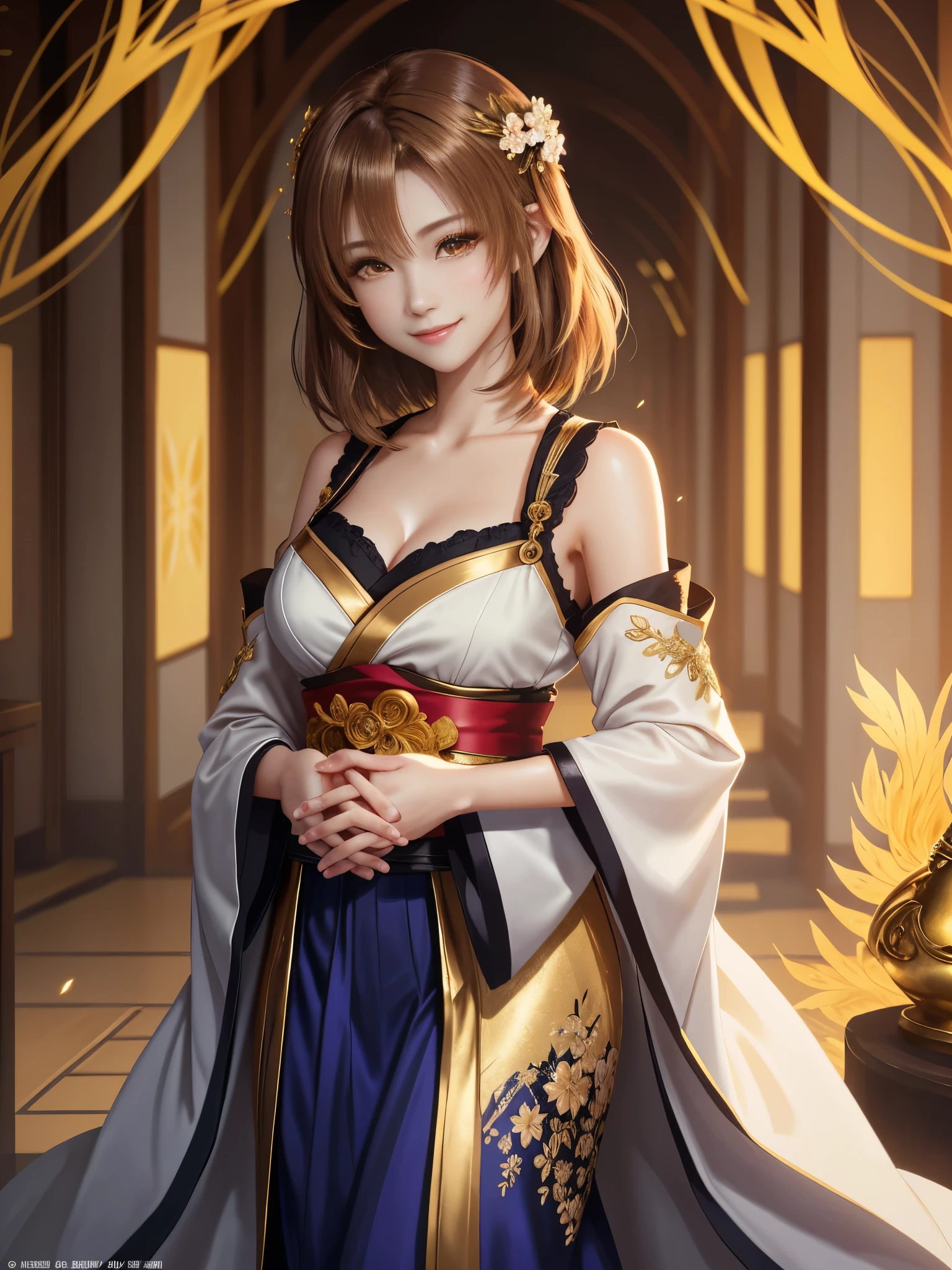 masterpiece , best quality,smile,smile,small face,shoulder exposure,golden kimono,less cleavage exposure,light brown hair,beautifully curled hair,slender body shape,brown eyes,Contrast faithfully reproduced,short hair,Beautiful short hair,Berry Short,short cut hair,just one person,precision quality,A faithful reproduction of the human eye, The surroundings are shining gold,golden aura around the body,golden shining background,masterpiece,night,nightの背景,golden background,cherry blossom background,beautiful details, colorful, delicate details, delicate lips, intricate details, genuine, ultrargenuineista, 枝に座っている色とりどりの髪のFoxを持つ女の子:Mature, bright eyes, ,色とりどりのFox, raposa de nine tails, 三尾Fox, 三尾Fox, onmyoji detail art, beautiful fine art illustration, mythical creatures, Fox, beautiful digital art,shrine maiden,hold hands,exquisite digital illustration, mizutsune, Inspired by mythical wild web creatures, pixiv in digital art, shining light, high contrast, Mysterious,