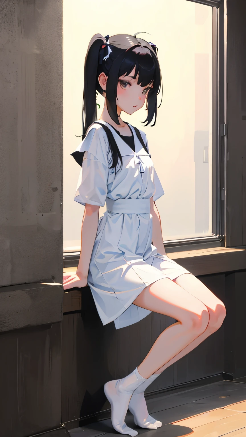 (short cute girl,small young student,young delicate girl),(masterpiece,Top quality),squat,,short sleeve,black hair twintails,sleepy