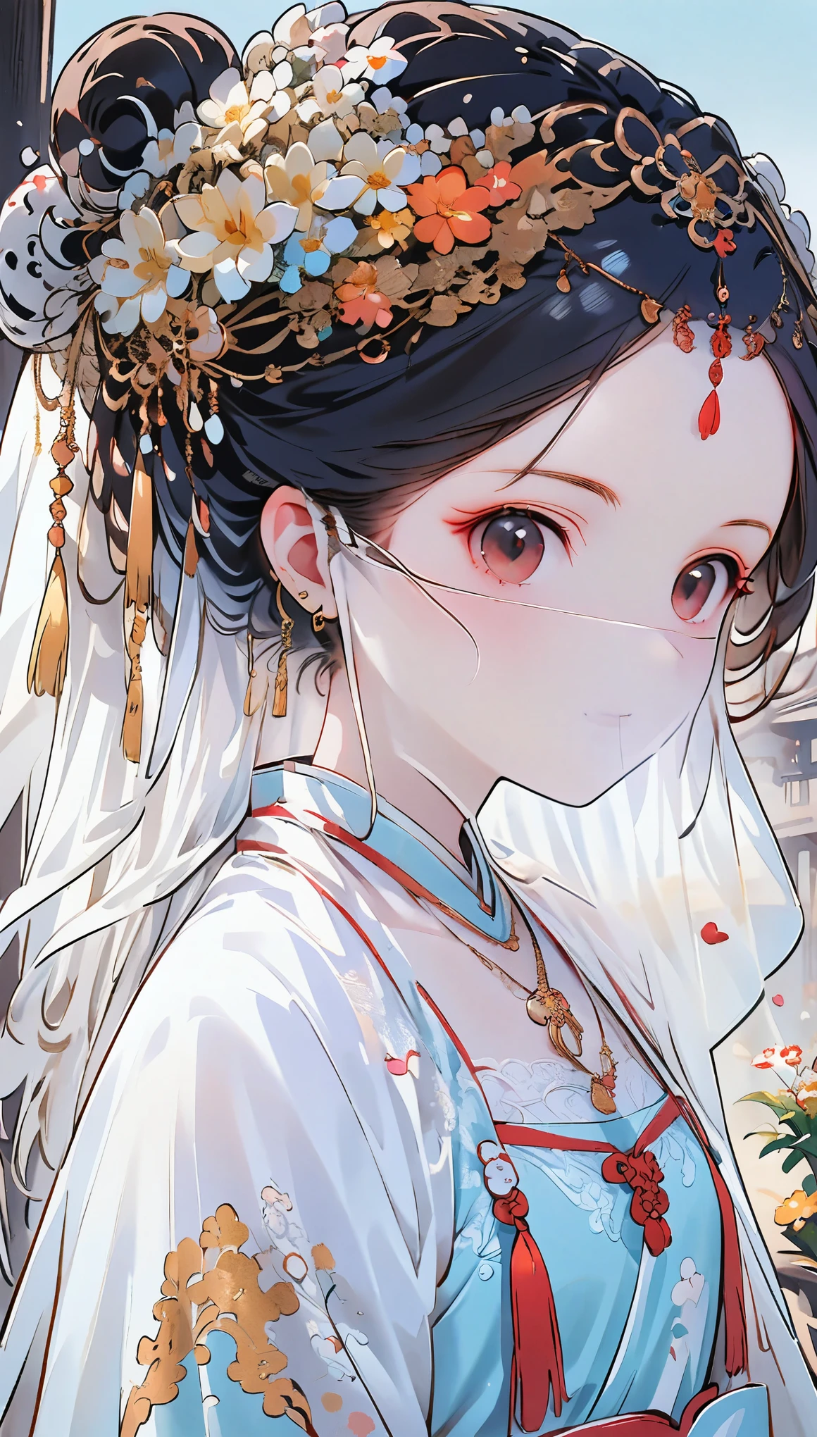 (masterpiece, best quality:1.2),  curly hair curly hair,Head close-up,Eyes are very delicate,Chinese beauty,Gorgeous lace golden red Hanfu,whole body（（（hair accessories）））（（（veil）））,necklace,（（shiny skin））a garden with many flowers,（（（masterpiece）））, （（best quality））, （（intricate details））,（（surreal））（8K）