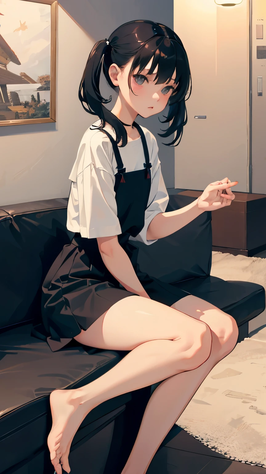 (short cute girl，small young student，young delicate girl）,（masterpiece，Top quality)，hugging own legs，sit with one&#39;s knees，bend legs，black hair