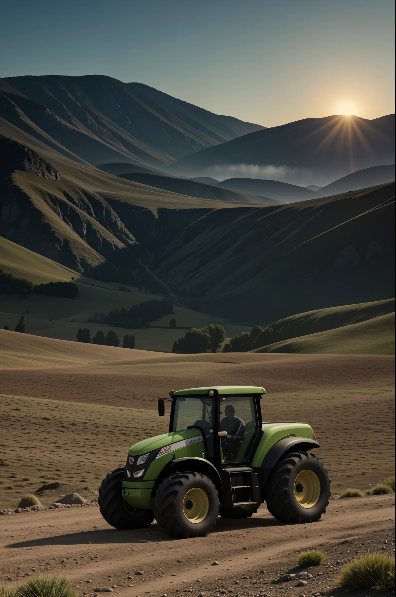 foto CRUDA,(mtz82, a light green tractor parked in a mountain scene with a brilliant sunset over a variety of distant peaks Realistic, realism, High Definition, 35mm photography, 8K), obra maestra, award-winning photography, luz natural, perfect composition, alto detalle, Hyper realistic, dusty atmospheric haze, texturas de materiales de alta calidad., volumetric textures, texturas de revestimiento, texturas metalicas