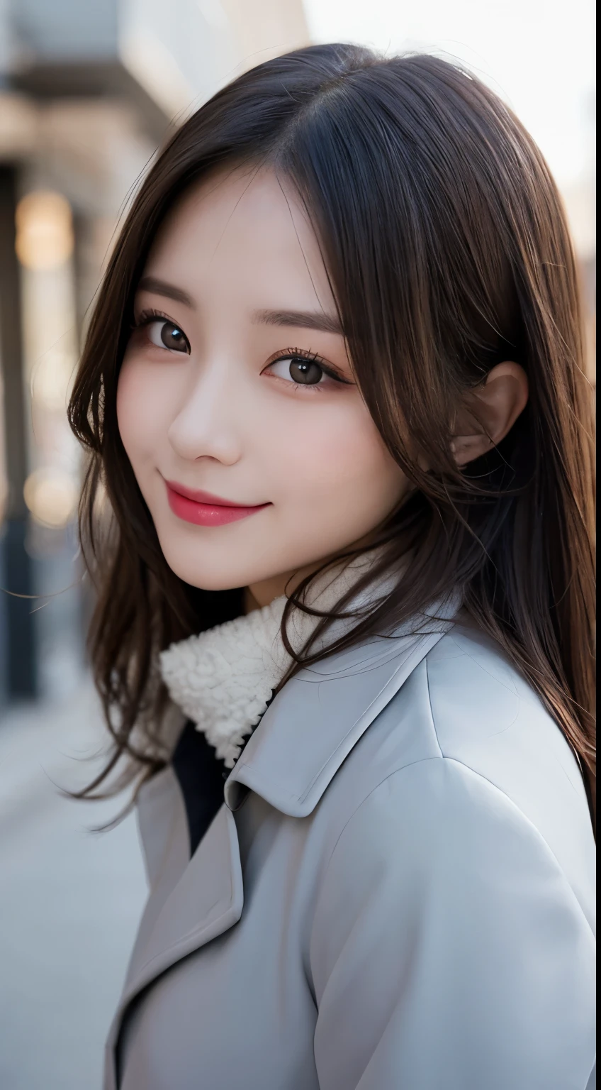 table top, highest quality, shape, Super detailed, finely, High resolution, 8k wallpaper, 完璧なダイナミックな構shape, beautiful and detailed eyes, Gorgeous black fluffy Tokyo winter clothes,ランダムなcute髪,,natural color lip, bold sexy pose,smile、20 year old girl、cute、sexy shot looking at camera,Always blur the background,perfect and beautiful face,Take only the face,Beautiful and dense face、slim face and style,Big eyes、Do gal makeup,small face,Wearing a luxury brand spring trench coat、smile