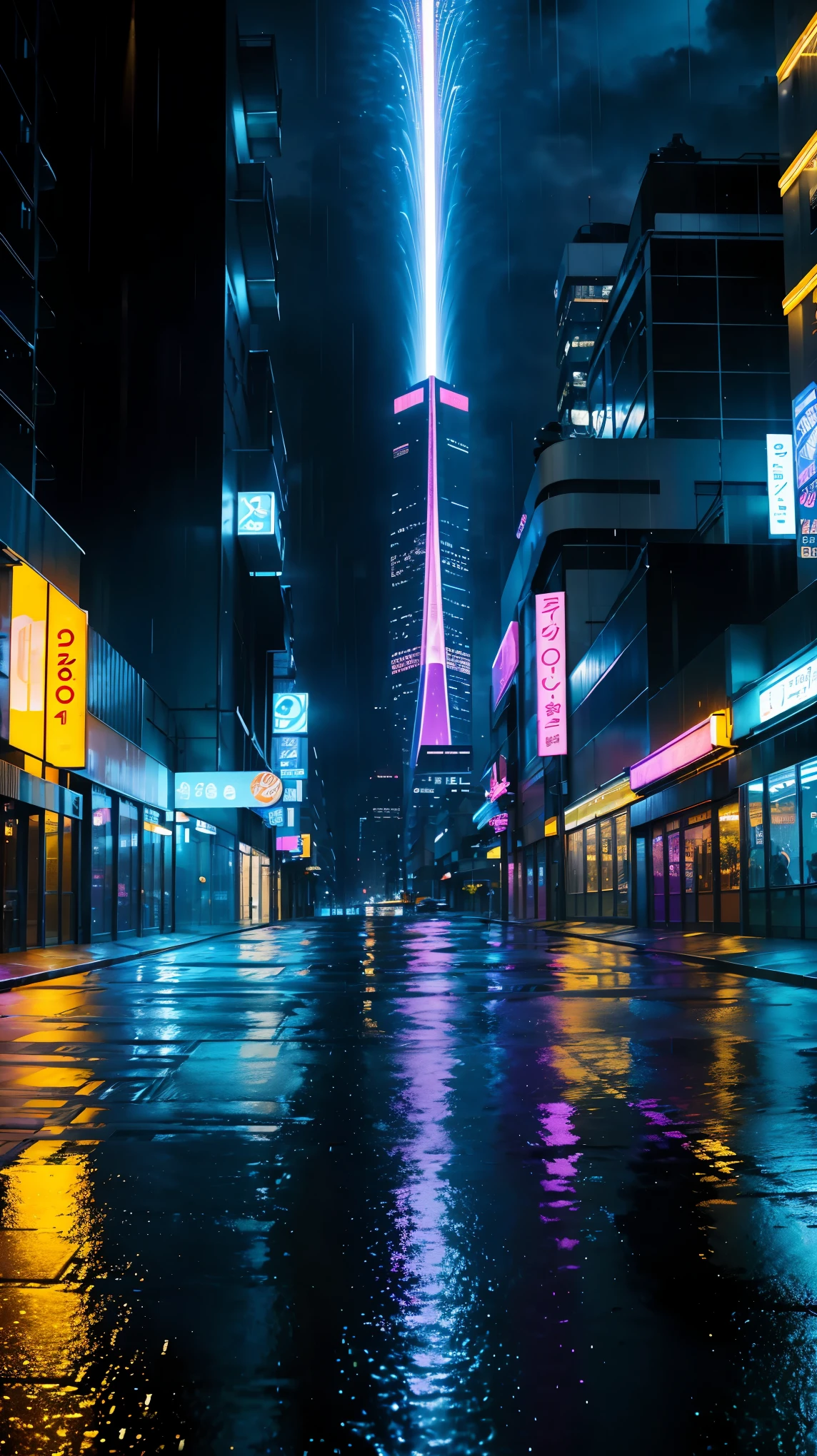 Water mirrorに映るきらめく風景、Futuristic neon street with rain (highest quality、4K、8K、High resolution、masterpiece:1.2)、Super detailed、(realistic、フォトrealistic、フォトrealistic:1.37)、Bright colors、HDR、Bokeh、studio lighting landscape、cityscape、rainy scene、Reflective surface、Water mirror、Twinkle effect、shining light、neon sign、street、building、futuristic atmosphere、雨のstreet、reflected light、sparkling reflections、dark alley、moody atmosphere、sophisticated architecture、modern skyscrapers、wet pavement、vehicle of the future、fashionable pedestrian、exciting energy、shiny surface、impressive light trajectory、city skyline、blurred motion lights、technological progresodern lifestyle、Urban Exploration