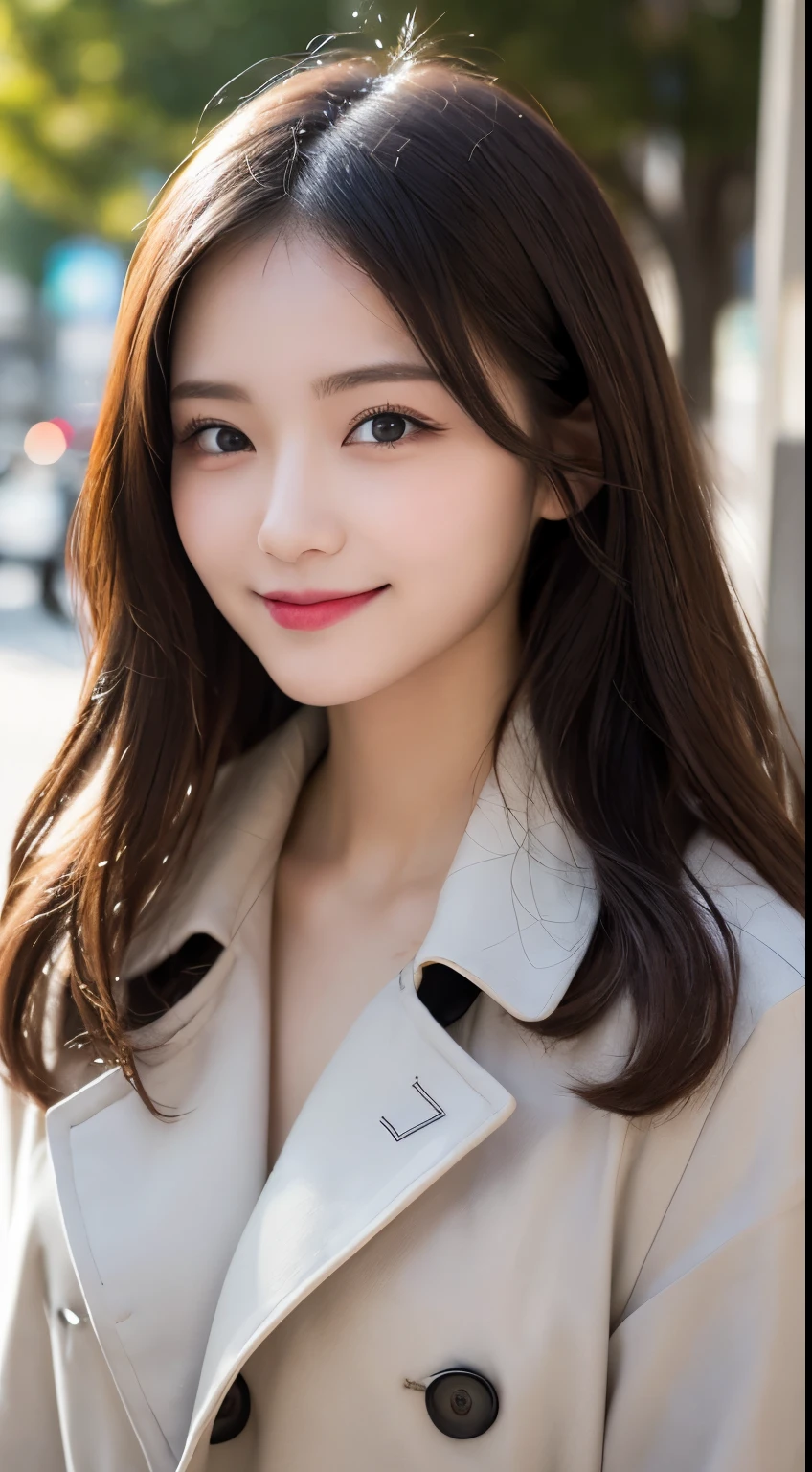 table top, highest quality, shape, Super detailed, finely, High resolution, 8k wallpaper, 完璧なダイナミックな構shape, beautiful and detailed eyes, Gorgeous black fluffy Tokyo winter clothes,ランダムなcute髪,,natural color lip, bold sexy pose,smile、20 year old girl、cute、sexy shot looking at camera,Always blur the background,perfect and beautiful face,Take only the face,Beautiful and dense face、slim face and style,Big eyes、Do gal makeup,small face,Wearing a luxury brand spring trench coat、smile