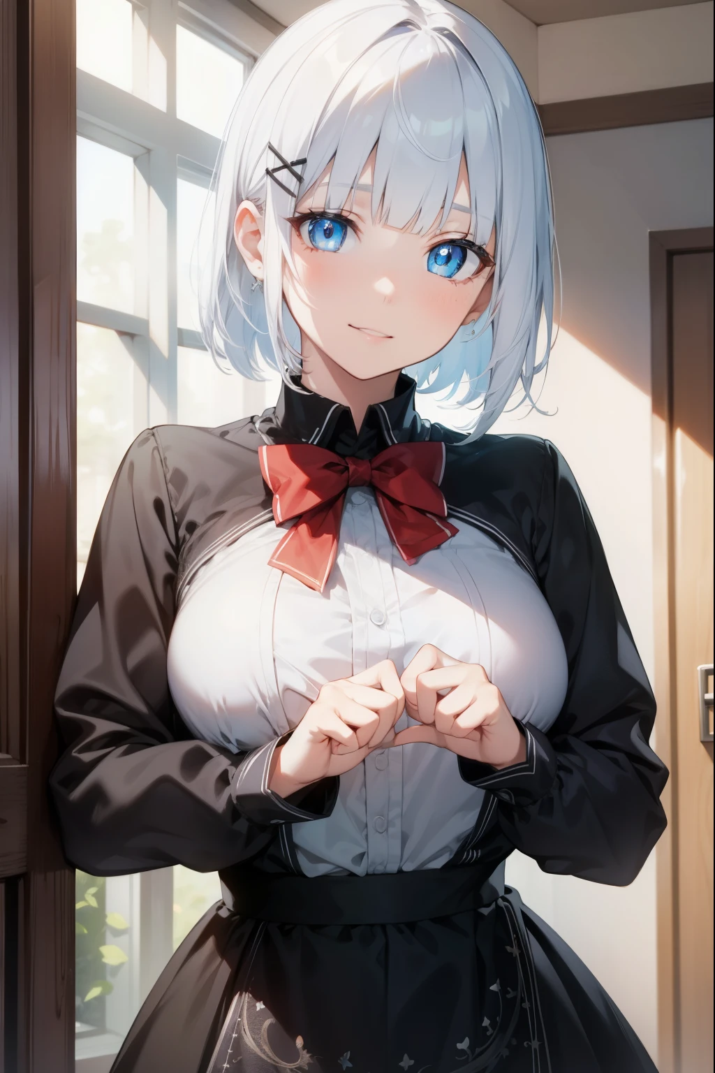 Siesta,detectivesiesta, smile, short hair, bangs, blue eyes, shirt, hair ornament, long sleeves, dress, bow, white hair, hairclip, blunt bangs, bowtie, red bow, x hair ornament, red bowtie, siesta, (medium breast:1.2), BREAK looking at viewer, BREAK outside, BREAK (masterpiece:1.2), best quality, high resolution, unity 8k wallpaper, (illustration:0.8), (beautiful detailed eyes:1.6), extremely detailed face, detailed skin,white skin,shiny skin,perfect lighting, extremely detailed CG, (perfect hands, perfect anatomy),