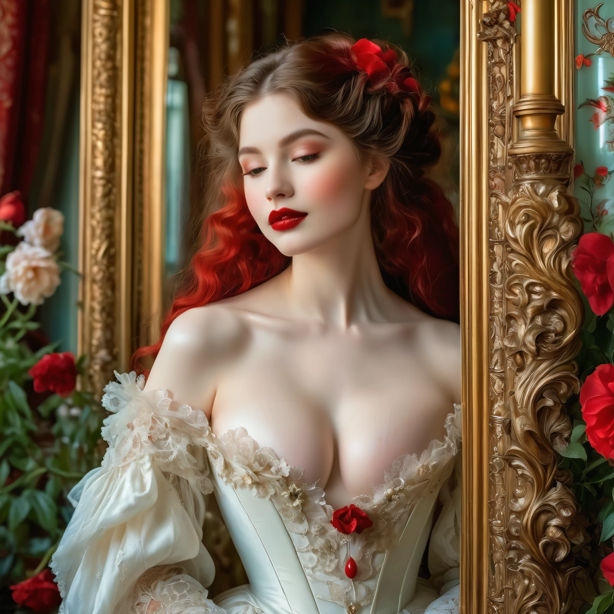 A seductive temptress with porcelain skin and blood-red lips, framed by the opulent trappings of a Victorian parlor. Inspired by Pre-Raphaelite art, her form is ethereal and romantic, with flowing locks and delicate features that evoke the beauty of a bygone era. realistic skin texture, smiling, large breast, standing in a flower garden behind n Victorian Palace
