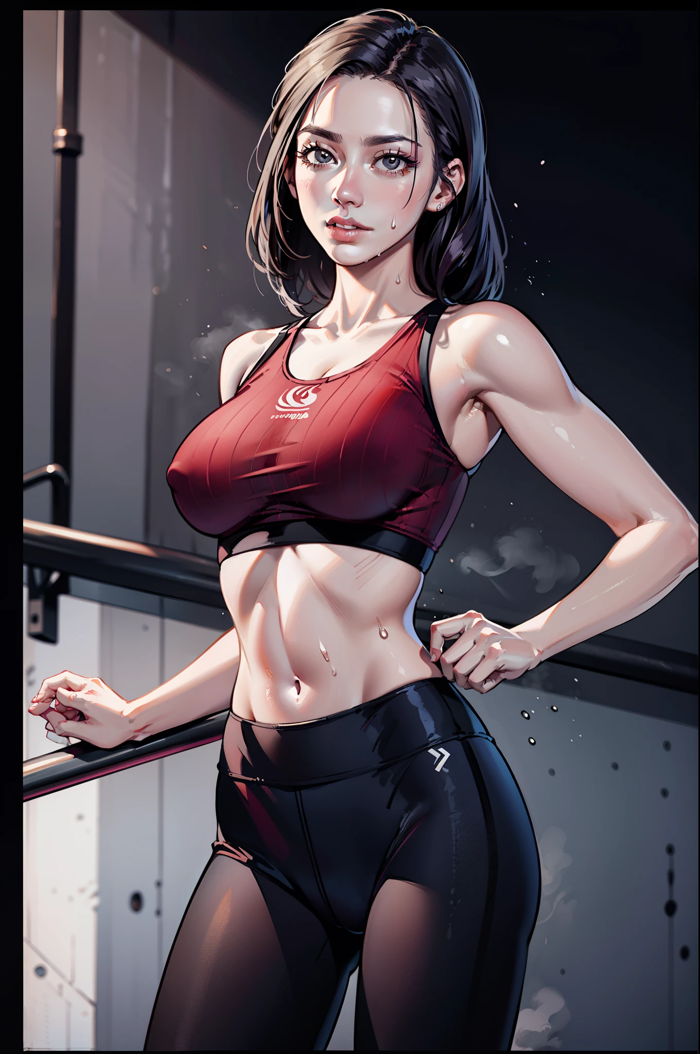 Masterpiece, 4K, sportswear, gymtastic_yoga_croptop, (multiple straps:1.1), woman wearing gymtastic_yoga_croptop, contrast, analog style, high quality picture, photorealistic, taken by a camera with an expensive lens , women sweating, see though clothing,...
